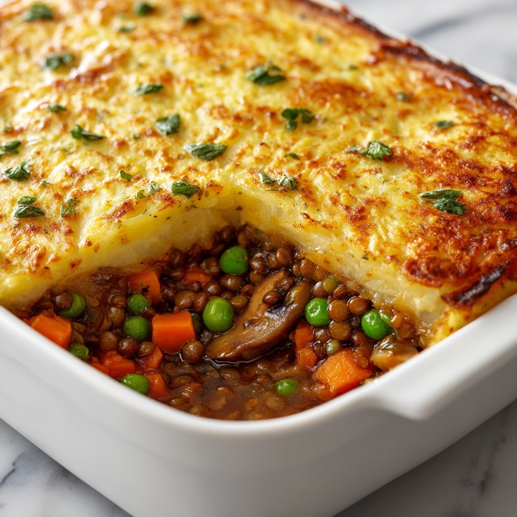 A close-up shot of a baked dish in a white rectangular dish showing two main layers: the top layer is thick, golden yellow with melted cheese and some green herb bits, slightly crispy on the edges; the bottom layer is a rich brown stew with visible chunks of orange carrot, slices of light brown mushrooms, bright green peas, and small lentils, all in a thick sauce; a wedge has been scooped from the dish, revealing the two layers clearly against a white marbled surface. Photo taken with an iphone --ar 4:5 --v 7