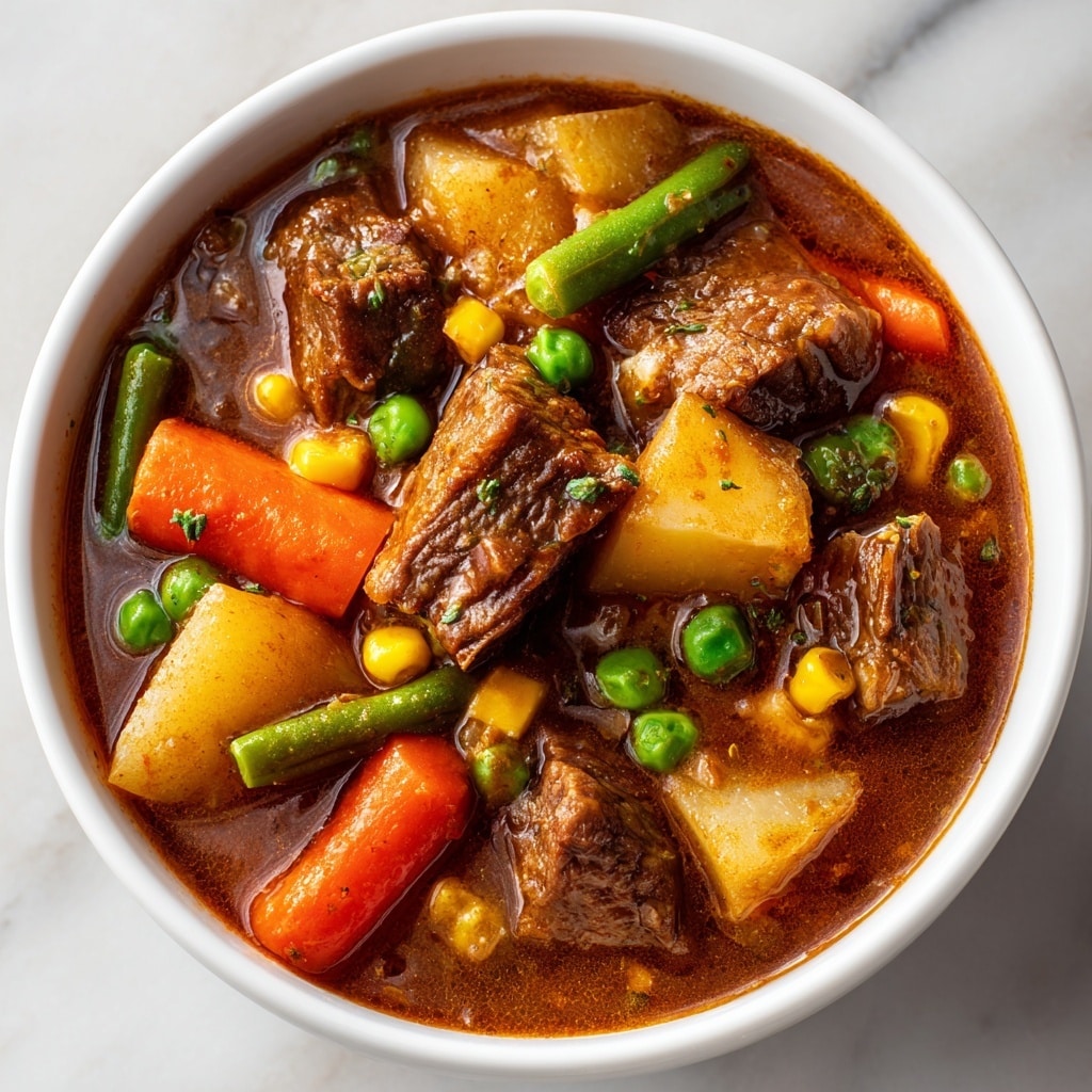 A white bowl filled with thick beef stew sits in the center of a white plate on a white marbled surface. The stew shows at least two layers: a rich, reddish-brown broth base and on top, chunky pieces of tender brown beef, bright orange carrot slices, yellow corn kernels, green peas, and light beige potato chunks, all mixed evenly. A silver spoon rests inside the bowl, angled towards the back. Photo taken with an iphone --ar 4:5 --v 7