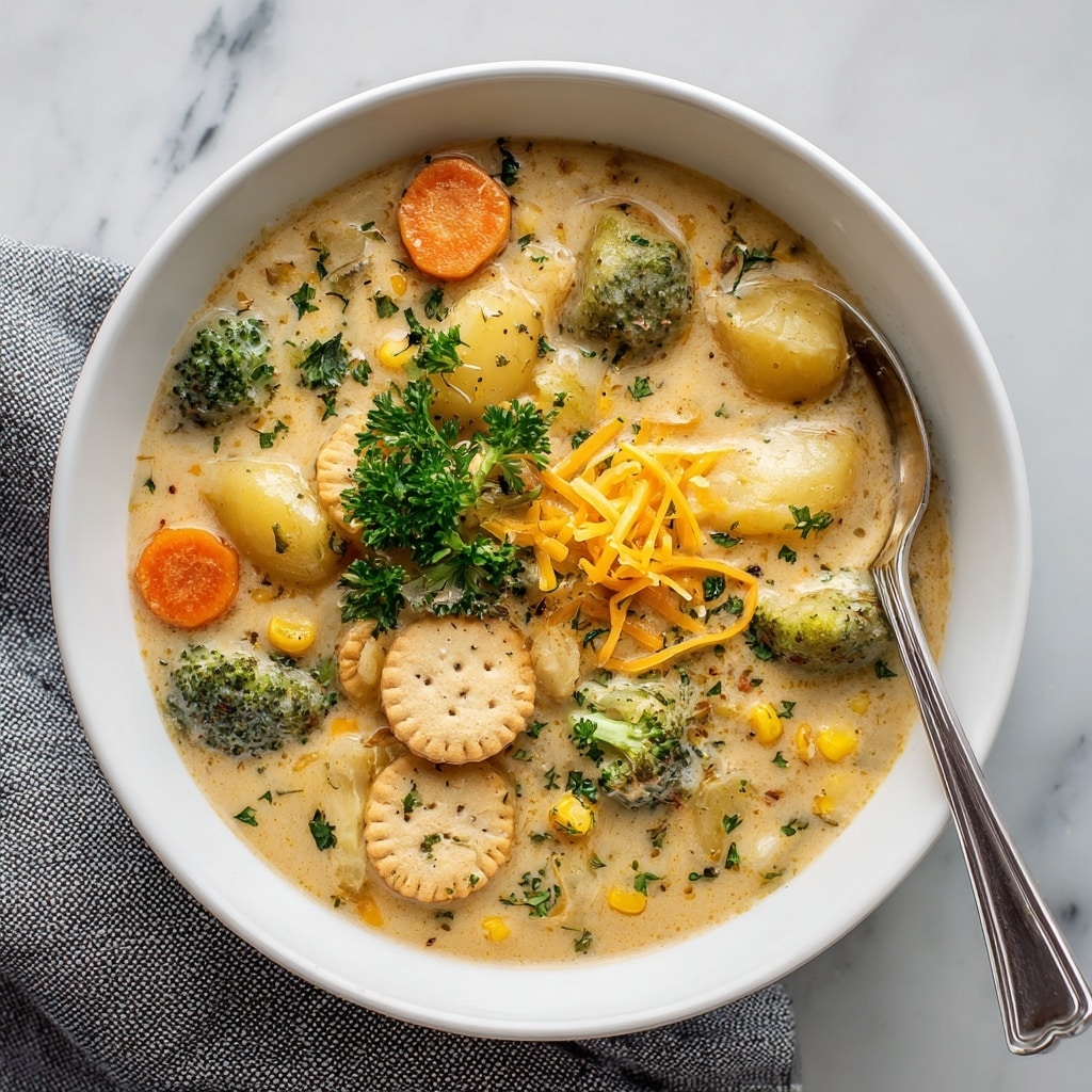 A white bowl filled with creamy vegetable soup showing three layers: the base layer is a pale yellow, smooth and creamy broth; the middle layer contains chunks of orange carrot slices, green broccoli florets, diced potatoes, yellow corn kernels, and small pieces of celery, all mixed into the broth; the top layer is a small pile of shredded bright orange cheddar cheese, sprinkled with fresh chopped green herbs and red chili flakes, topped with six small, round, golden-brown oyster crackers placed in the center. A silver spoon rests inside the bowl on the right side, placed on a white marbled surface with partially visible small bowls of red chili flakes and green herbs near the top edge of the image. Photo taken with an iphone --ar 4:5 --v 7