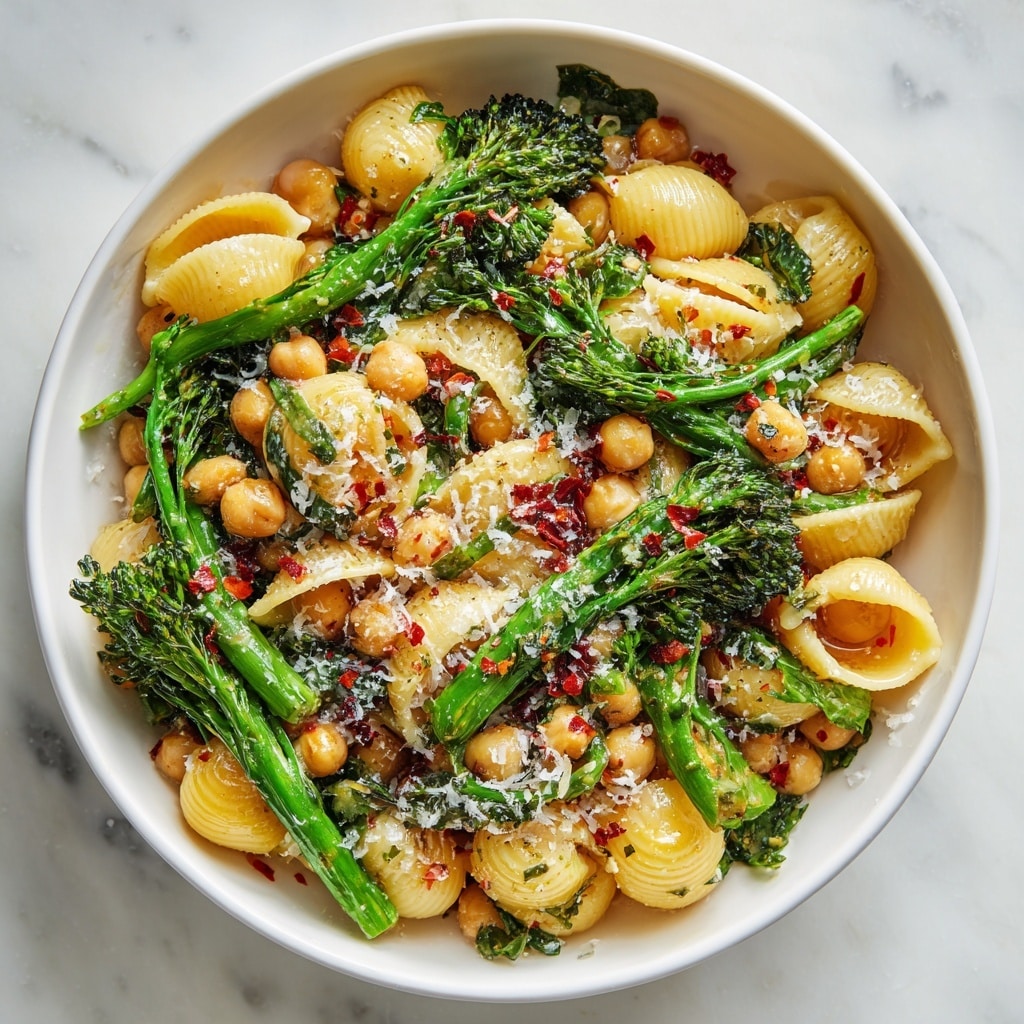 A close-up view of a white bowl filled with three main layers: the bottom layer is made of shell-shaped pasta in pale yellow, the middle layer has vibrant green broccoli florets with small stems, and the top layer scattered with golden-brown roasted chickpeas. The dish is sprinkled with finely chopped herbs, red chili flakes, and grated cheese, adding texture and color contrast. The bowl sits on a white marbled surface. photo taken with an iphone --ar 4:5 --v 7