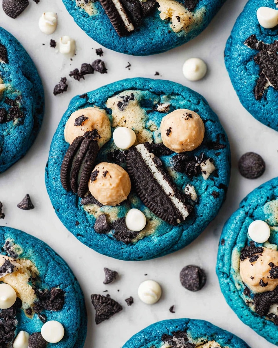 Bright blue cookies dominate the image, each cookie thick and round with a slightly crumbly texture. On top of the blue cookie dough are layers of chocolate chip cookie dough balls in light tan with dark chocolate bits, broken black and white sandwich cookie pieces, and smooth, round white chocolate chips scattered across the surface. Some chocolate chips are also scattered loosely around the cookies on a white marbled surface. The cookies are close together but not stacked, showing a mix of contrasting colors and textures that make the blue cookie base with the toppings stand out vividly. photo taken with an iphone --ar 4:5 --v 7