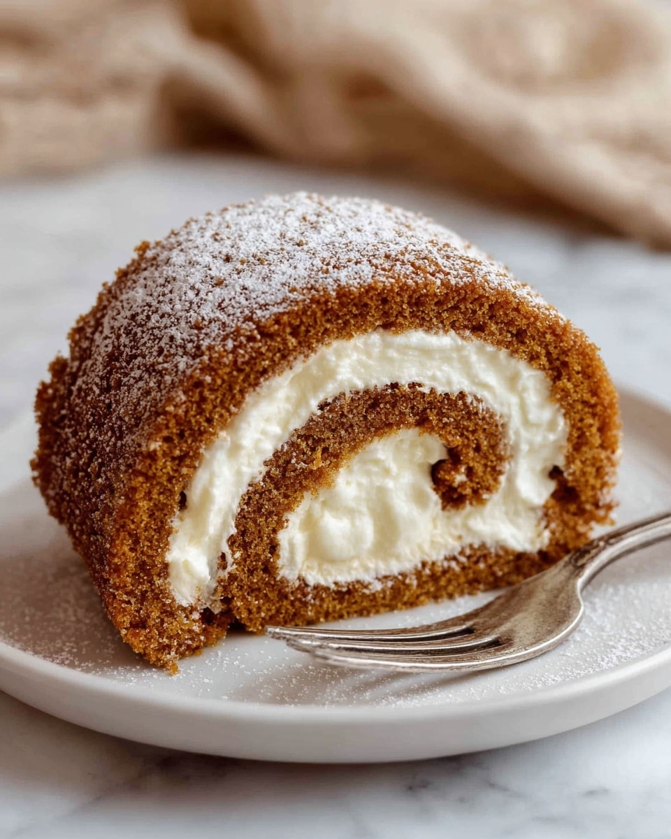 A close-up of a slice of rolled cake with two main layers: a soft, spongy brown cake layer that forms the outer and middle spiral, and a thick, creamy white filling layer spiraled inside. The top of the cake is dusted with a light layer of powdered sugar, giving a soft, powdery texture over the brown cake. The cake rests on a white plate with a silver fork next to it, all placed on a white marbled textured surface with a blurred beige cloth in the background. photo taken with an iphone --ar 4:5 --v 7