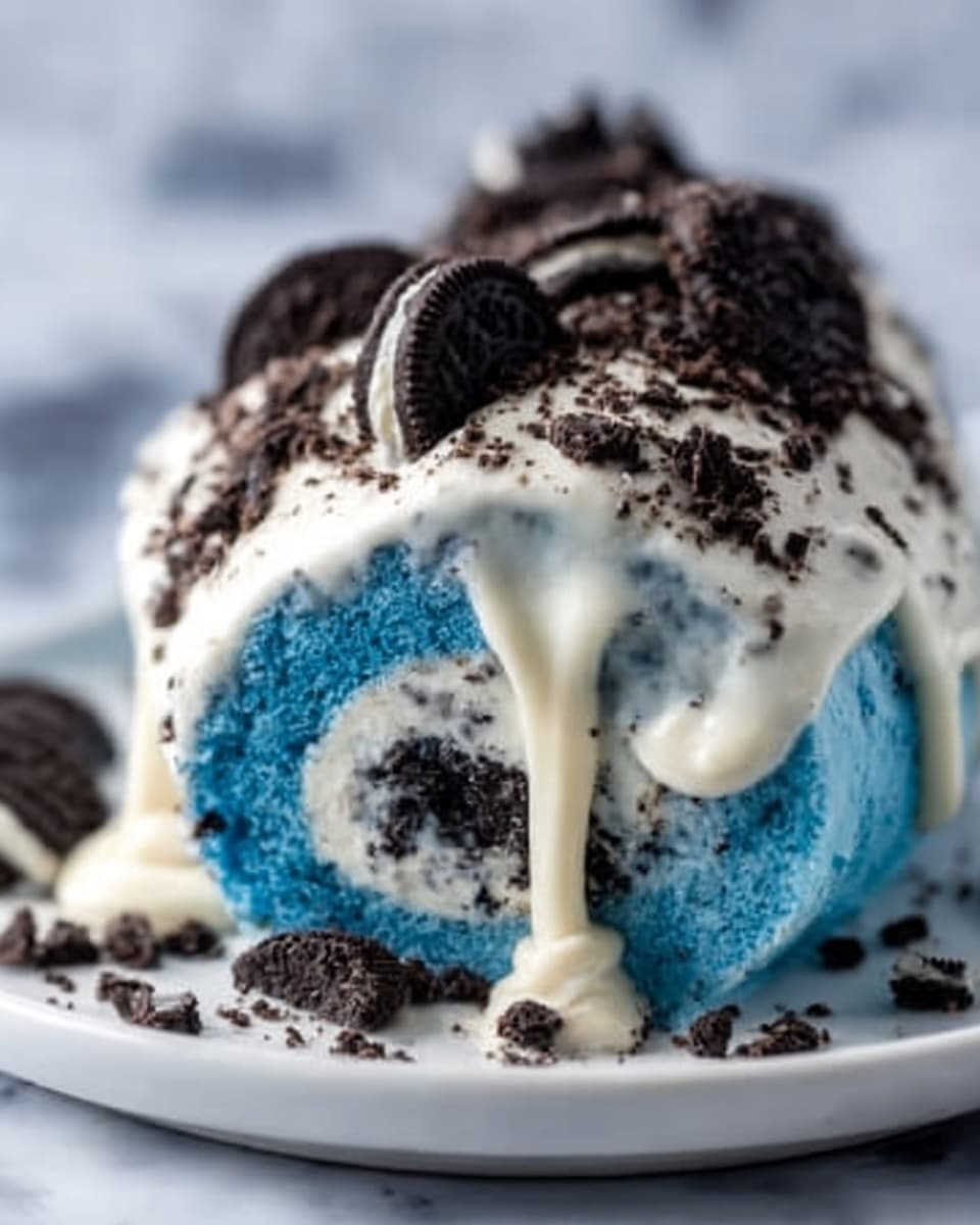 The image shows a close-up of a dessert made of three thick layers, set on a white plate over a white marbled surface. The bottom layer is a deep blue color with a smooth texture. The middle layer is thick, fluffy white cream that covers the blue base fully and spills over the edges. The top layer has crumbled pieces of light brown cookie dough and dark brown Oreo cookies scattered unevenly over the cream, adding a rough texture and mixed brown shades. The dessert looks soft and rich with a mix of creamy and crunchy parts. Photo taken with an iphone --ar 4:5 --v 7