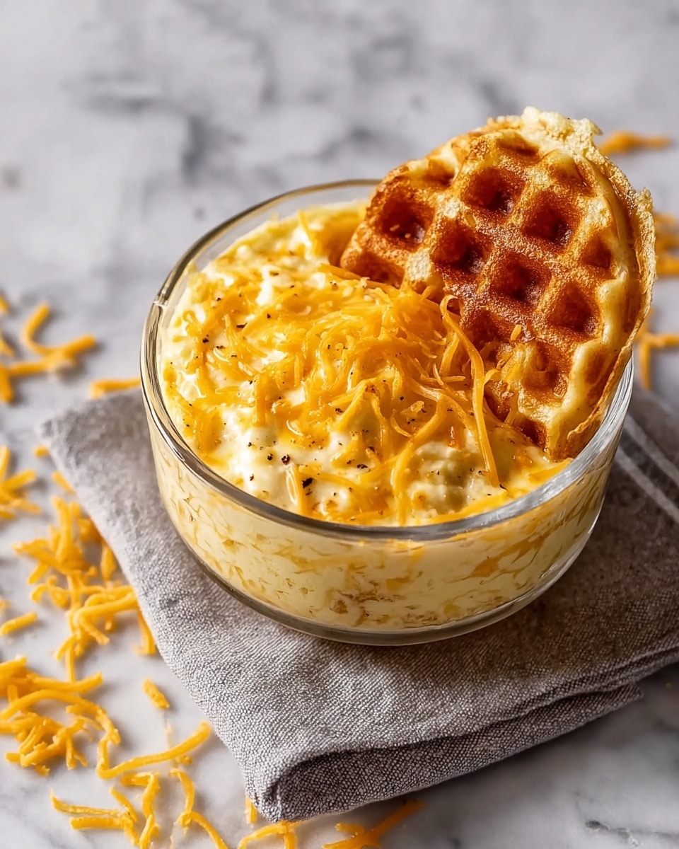 A clear round glass bowl holds a creamy yellow mixture topped with melted shredded cheddar cheese, slightly browned with specks of black pepper. Resting on the surface is a golden brown waffle piece with a crispy texture and some creamy filling peeking out from the side. The bowl is placed on a gray cloth napkin, with extra shredded cheddar cheese scattered on a white marbled surface around it. photo taken with an iphone --ar 4:5 --v 7