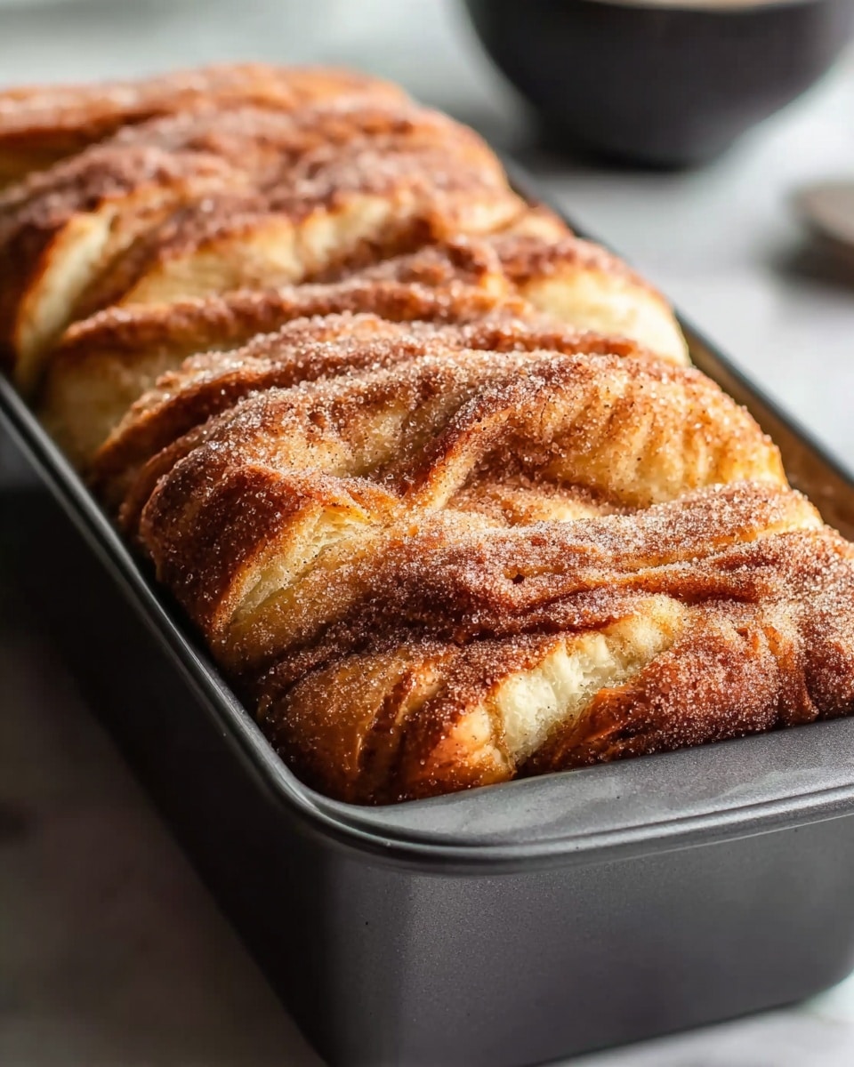 A close-up image of a freshly baked pull-apart bread in a dark gray metal loaf pan, with several thick layers of golden brown dough stacked diagonally inside. The top layer is rounded and covered with a light sprinkle of cinnamon sugar, showing a slightly crispy texture. The dough inside looks soft and fluffy with light tan and creamy white tones between the layers. The pan is placed on a white marbled surface, and a blurred dark bowl is barely visible in the background. photo taken with an iphone --ar 4:5 --v 7
