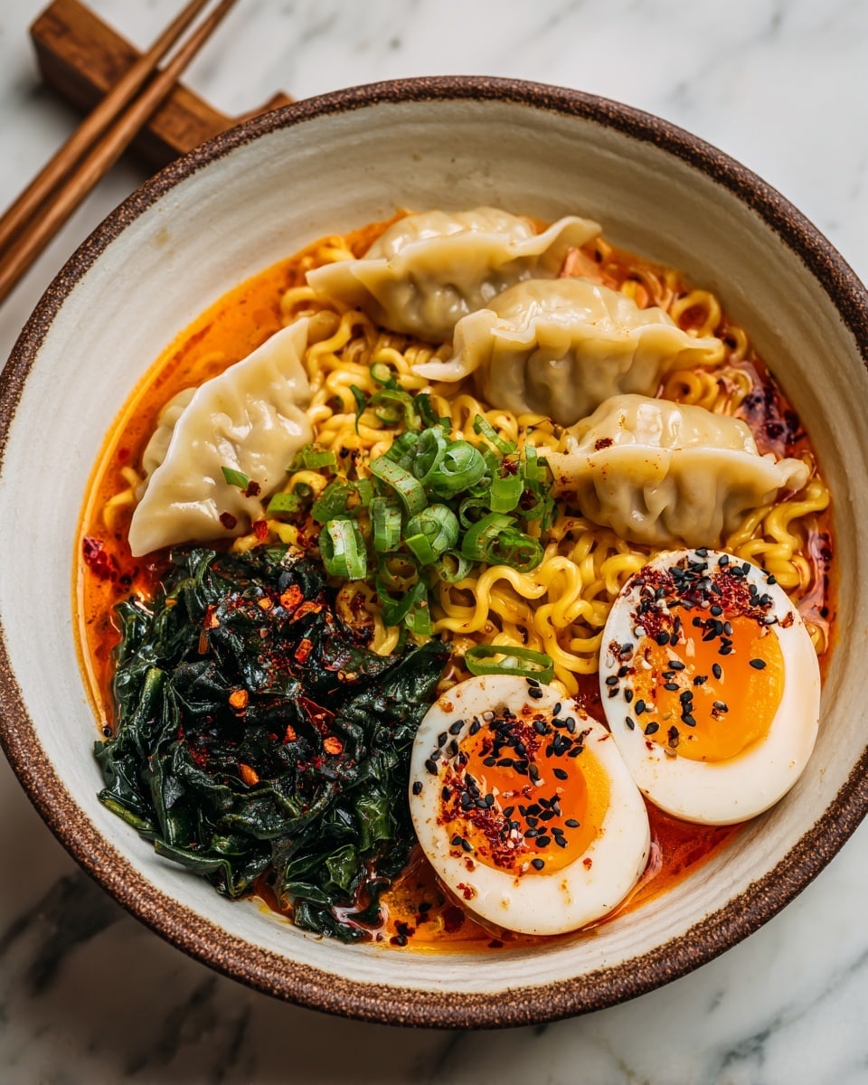 A white bowl filled with a vibrant ramen dish showing several layers: at the bottom, curly yellow noodles soaked in a rich orange-red broth sprinkled with red chili flakes and black sesame seeds; on one side, three pale, glossy dumplings with soft, wrinkled edges resting on the noodles; next to the dumplings, a small pile of dark green cooked leafy vegetables; on the other side, two halves of a soft-boiled egg with bright orange yolks, each topped with black sesame seeds and red chili flakes; scattered finely chopped green onions add bright green touches on top. The bowl has a brown speckled rim and is set on a white marbled surface with wooden chopsticks beside it. photo taken with an iphone --ar 4:5 --v 7