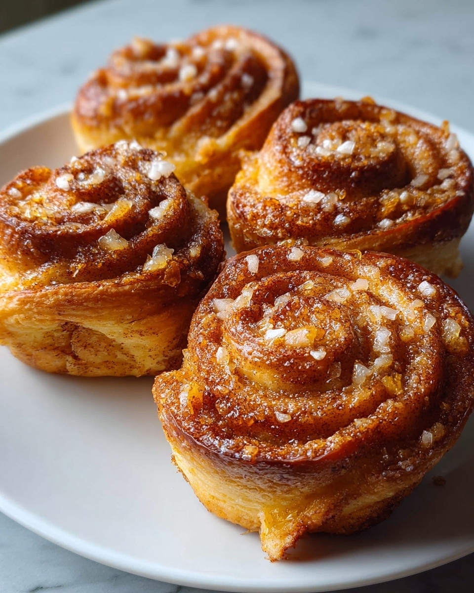 There are four cinnamon rolls placed closely together on a white plate. Each cinnamon roll is shaped like a rose with multiple layers of golden-brown baked dough that has a slightly crispy texture on the edges and soft swirled layers in the center. The tops are sprinkled with coarse sugar crystals that catch the light, adding sparkle and texture. The cinnamon swirls between the layers give a rich reddish-brown color, contrasting with the lighter dough. The plate sits on a white marbled surface. photo taken with an iphone --ar 4:5 --v 7