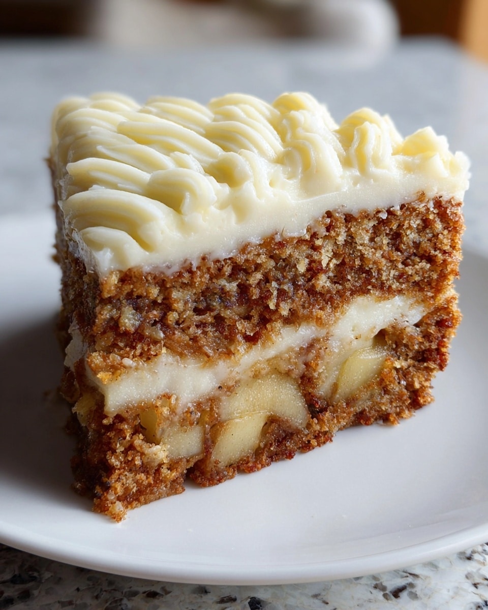 A slice of cake with three visible layers sits on a white plate against a white marbled surface. The bottom and top layers are light brown with a moist, crumbly texture. The middle layer is a thick, creamy filling with bits of small fruit pieces, pale yellow to light brown in color. The top of the cake is covered with a thick layer of creamy, pale yellow frosting that is smooth with decorative swirls around the edges. The cake looks rich and moist with a textured interior and smooth creamy top. Photo taken with an iphone --ar 4:5 --v 7