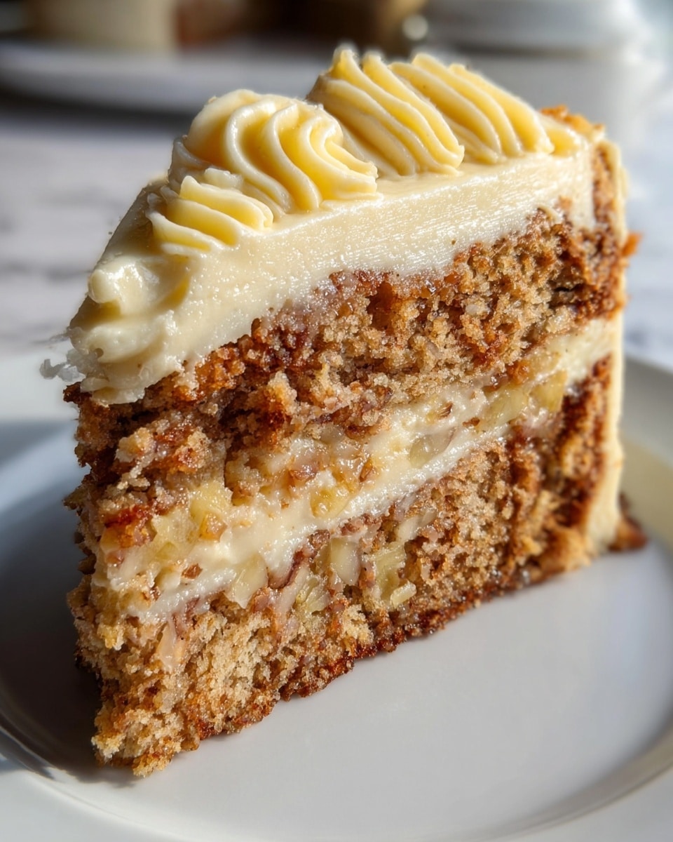 A slice of cake with two main layers sits on a white plate on a white marbled surface. The bottom layer is a moist, brownish cake mixed with pieces of light golden fruit, likely apple, with a slightly crumbly texture. The middle layer is a thin, creamy filling in an off-white color. The top layer is a thick spread of smooth white frosting with soft, wavy swirls that add texture. The cake slice is well-lit, showing the moistness and layers clearly. photo taken with an iphone --ar 4:5 --v 7
