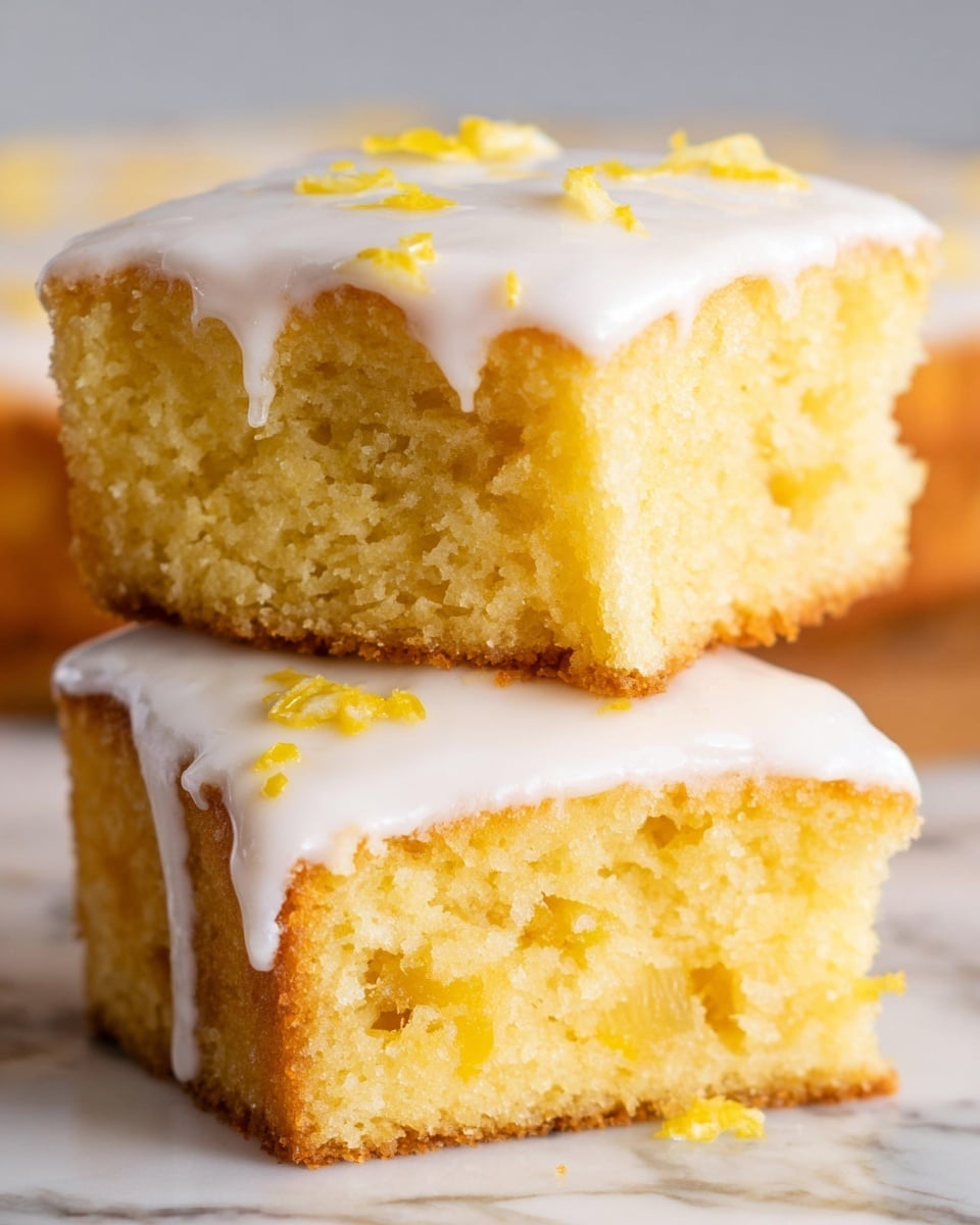 Two thick square slices of yellow cake are stacked on top of each other on a white marbled surface. Each slice has a smooth layer of white icing on top, dripping slightly over the edges, with small pieces of yellow zest scattered on the icing. The top slice shows a bite taken from the middle, revealing the soft and fluffy texture inside. The bottom slice also has some visible small chunks of fruit within the moist cake. photo taken with an iphone --ar 4:5 --v 7