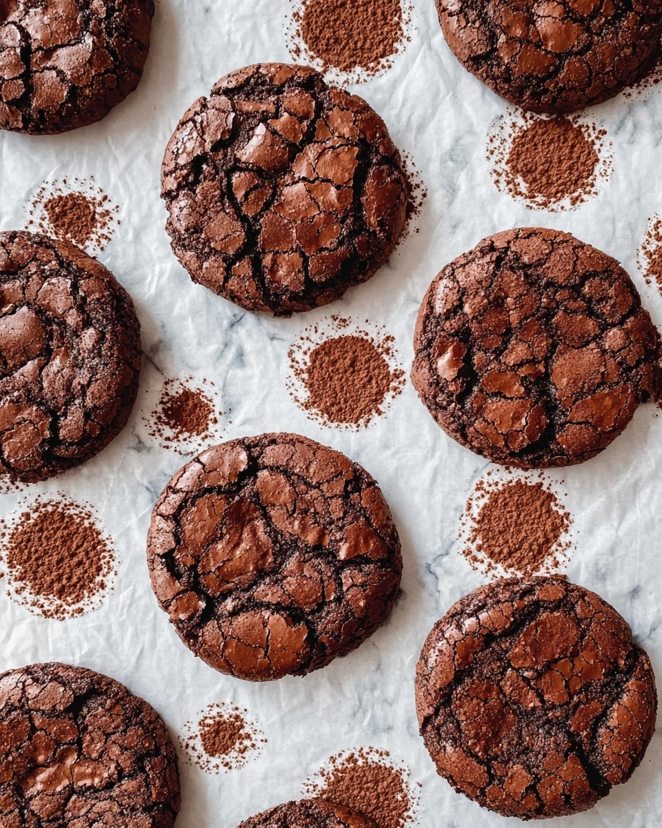 Several round chocolate cookies with cracked tops and a rich dark brown color are spread out on white parchment paper. Each cookie has a slightly rough and shiny texture, showing the baked surface with deep cracks. Underneath the cookies, there are multiple circular marks of cocoa powder that leave dark brown rings on the parchment. The background shows a white marbled surface. photo taken with an iphone --ar 4:5 --v 7