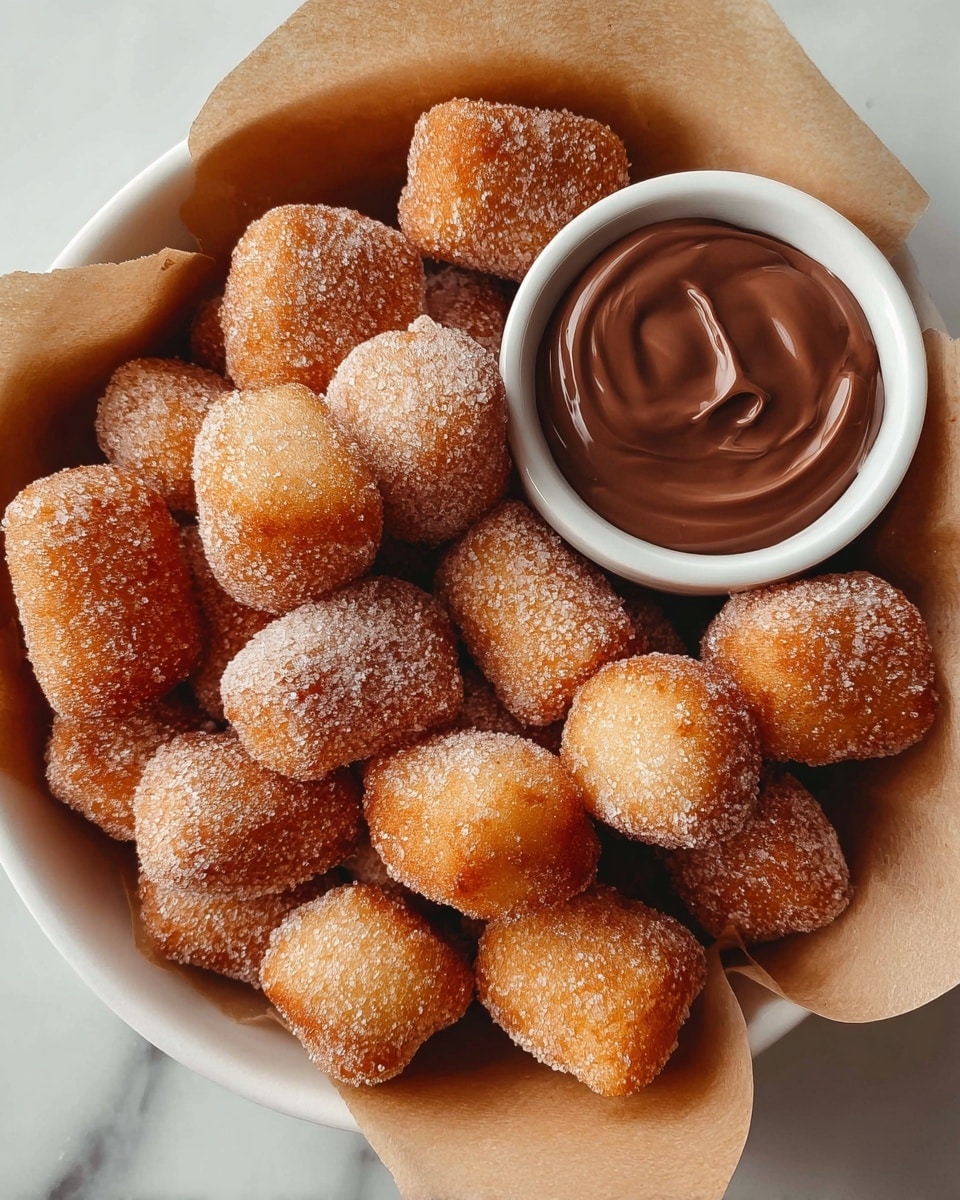 A white bowl lined with crinkled white paper holds about twenty small, sugar-coated, oval-shaped fried dough balls piled up closely. Near the back center of the bowl, a small white round dish is filled with two different dipping sauces side by side, one light brown and the other dark brown, creating a yin-yang swirl pattern. The bowl is held by a woman's hand resting on a creamy textured knitted fabric and a white marbled surface. Sunlight shines warmly from the top left, casting soft shadows and highlighting the granulated sugar on the dough balls. photo taken with an iphone --ar 4:5 --v 7