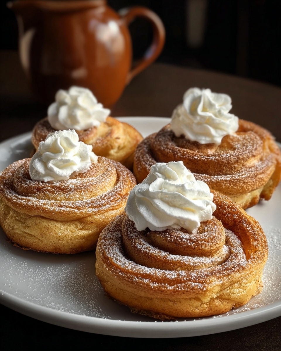 The image shows four spiral-shaped cinnamon rolls on a white plate, two of which have a dollop of white whipped cream on top. Each roll has a golden-brown, slightly crispy outer layer with a soft, swirled texture. The rolls are dusted with a light layer of powdered sugar, adding a delicate white contrast to the warm brown tones. The plate rests on a dark surface with a blurred background featuring a brown pitcher. The lighting highlights the texture of the rolls and the cream’s smoothness. Photo taken with an iphone --ar 4:5 --v 7