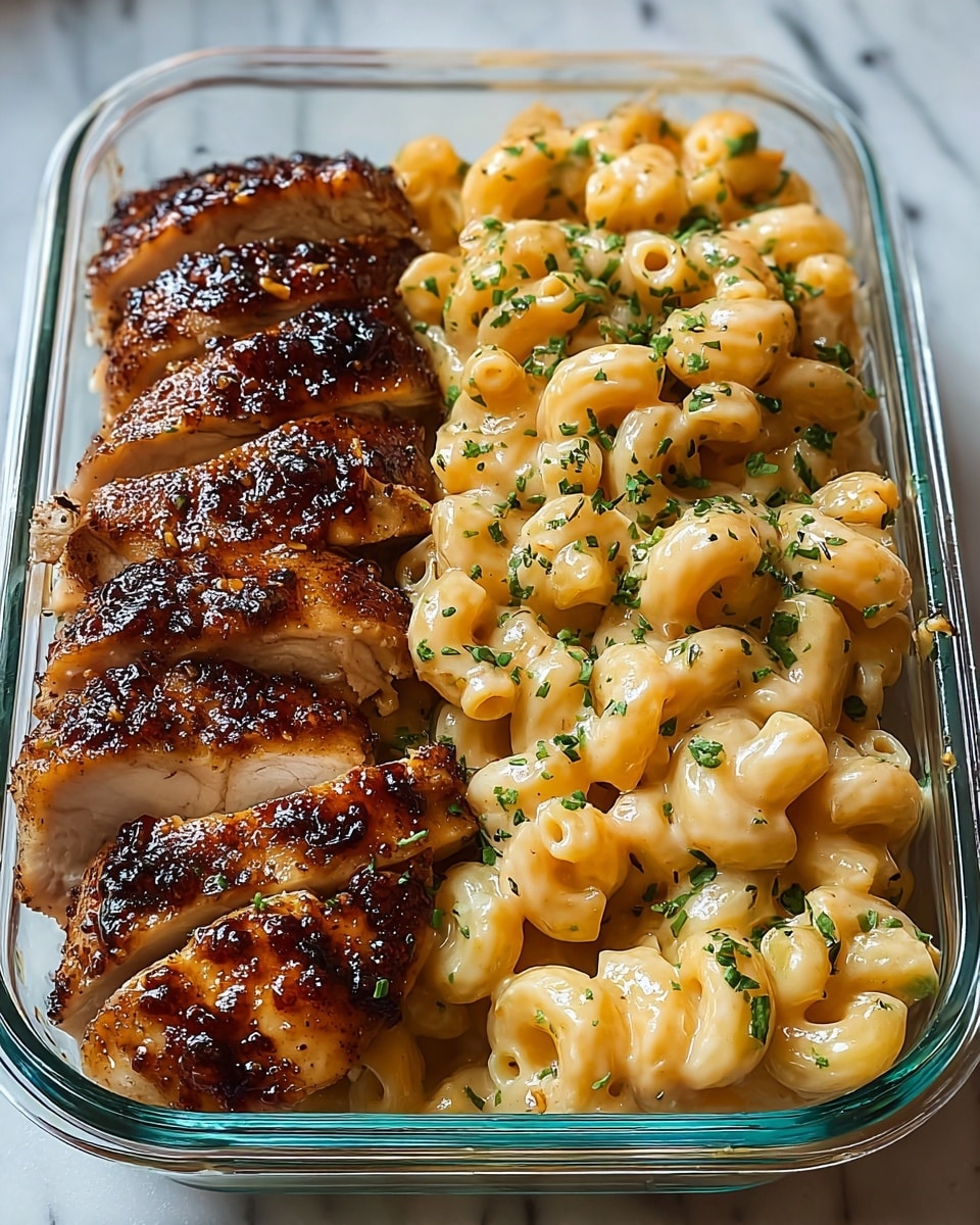 A white square plate on a white marbled surface holds a dish with two main layers: the bottom layer is creamy, light yellow macaroni and cheese with elbow-shaped pasta coated in a smooth sauce, arranged on the upper half of the plate; the top layer features five golden-brown grilled chicken pieces glazed with a shiny sauce and sprinkled with chopped green herbs, placed closely together on the lower half of the plate, slightly overlapping the macaroni. photo taken with an iphone --ar 4:5 --v 7