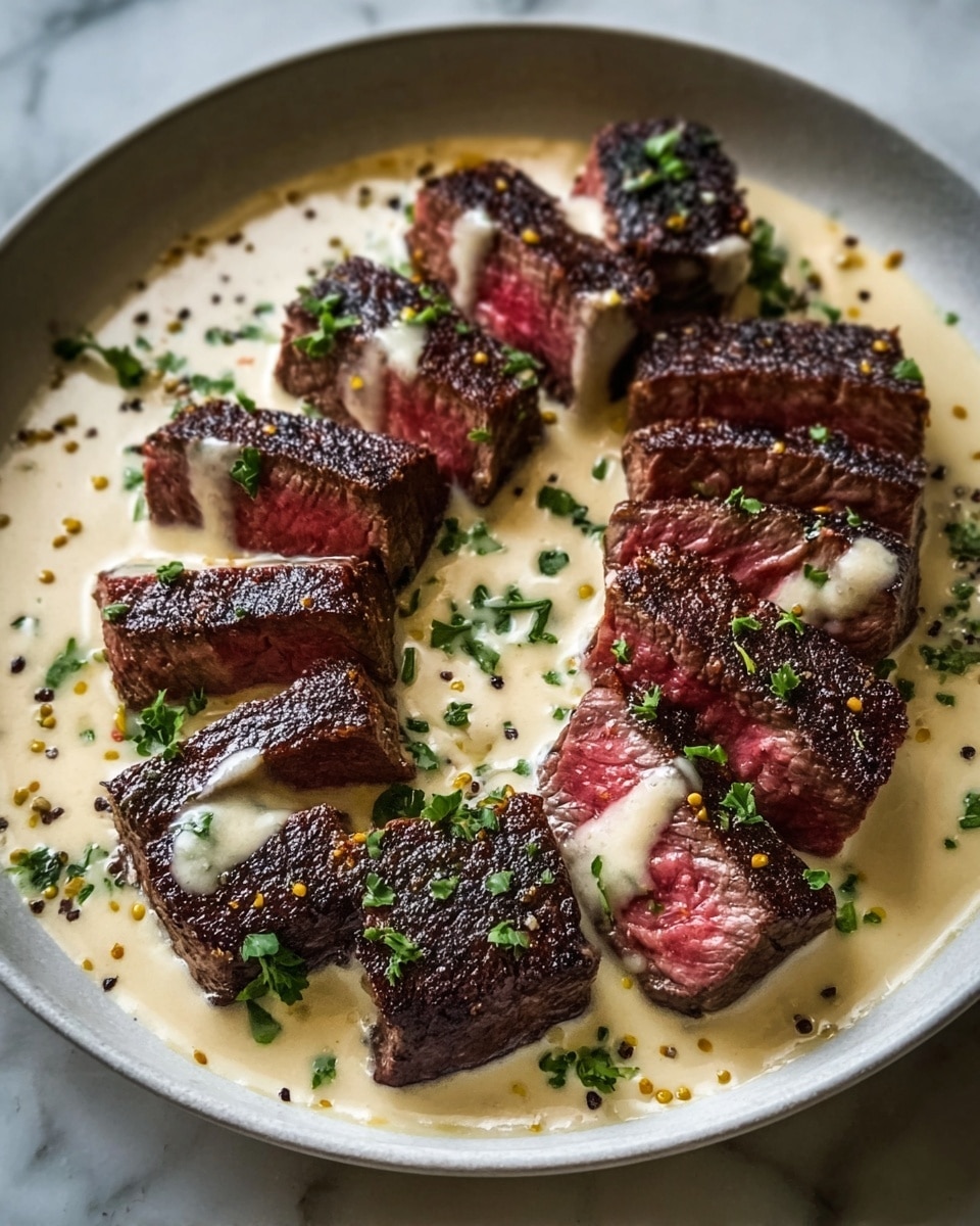 A sliced medium-rare steak arranged in a circular pattern on a white plate with a creamy light beige sauce drizzled over the top, some sauce pooling at the base. The steak pieces show a deep brown, slightly charred outer layer with a juicy pink center. Small green herb pieces are sprinkled over the steak and sauce, adding color contrast. Black pepper and small yellow mustard seeds are scattered on the sauce, enhancing texture. The plate sits on a white marbled surface. Photo taken with an iphone --ar 4:5 --v 7