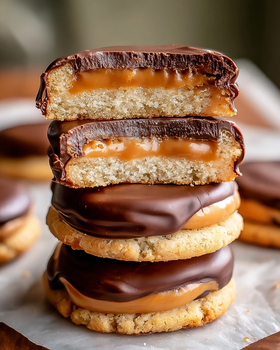 A stack of four round cookies is shown on a white marbled surface, with the top cookie cut in half and placed on top of the others to reveal its layers. The bottom layer is a light golden brown, crumbly cookie base. Above that is a smooth, caramel-colored layer, followed by a thicker, creamy tan layer in the middle. The entire top of the cookies is coated with a glossy dark brown chocolate layer, slightly dripping over the edges. The background is softly blurred, emphasizing the textures and layers of the cookies. photo taken with an iphone --ar 4:5 --v 7