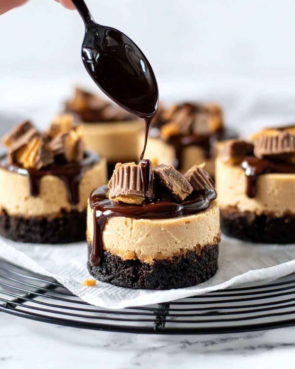 The image shows five small round cheesecakes placed on a white parchment paper on a black wire rack, set on a white marbled surface. Each cheesecake has two layers: a thick dark brown base that looks like crushed cookies and a thick top layer of light tan peanut butter cheesecake with a smooth, slightly textured finish. The cheesecakes are topped with chopped pieces of chocolate peanut butter cups, which are brown with swirled peanut butter centers. In the center, a woman's hand is holding a black spoon above one cheesecake, pouring shiny, dark chocolate sauce that flows down the sides, creating glossy drips. The background is blurred white, keeping the focus on the cheesecakes. photo taken with an iphone --ar 4:5 --v 7