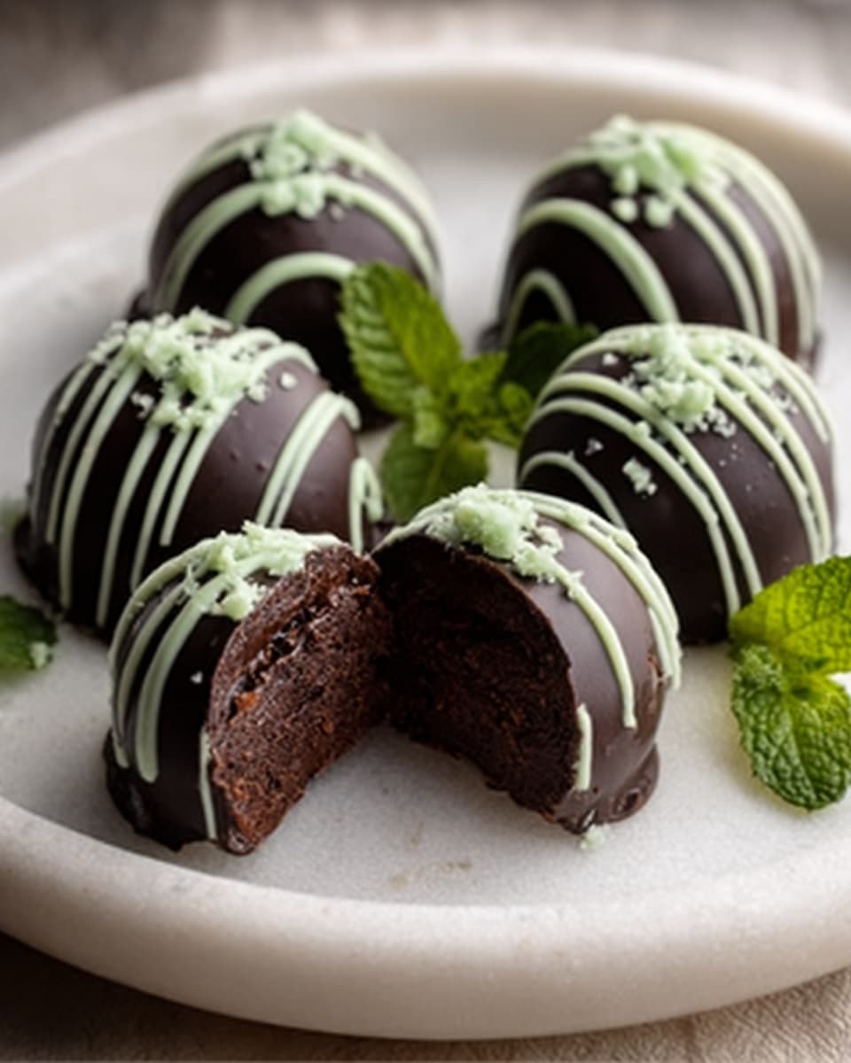 The image shows a close-up of several round chocolate balls arranged closely on a white plate, placed on a white marbled surface. Each chocolate ball has a smooth, dark brown outer layer with some decorated with thin light blue lines drizzled across the top, while others are topped with small pieces of light and dark chocolate chunks. One of the chocolate balls is cut in half, revealing a dense, rich, and dark chocolaty interior with a slightly crumbly texture. The lighting highlights the glossy shine on the chocolate and the fine details on the toppings. Photo taken with an iphone --ar 4:5 --v 7