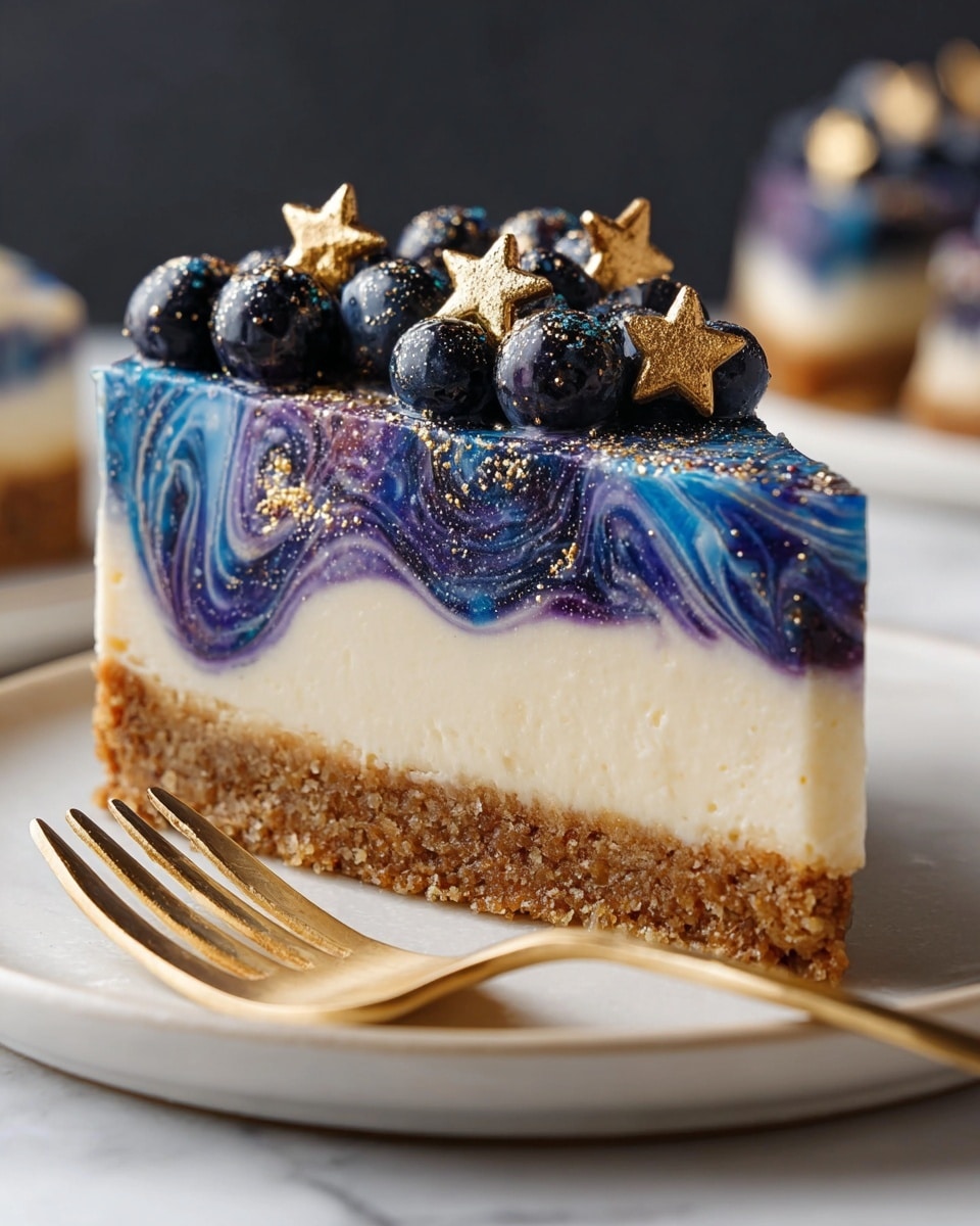A square cheesecake slice is shown on a white plate, placed on a white marbled surface. The cheesecake has three visible layers: a thick, crumbly brown base made from crushed biscuits at the bottom, a smooth and dense creamy white middle layer, and a glossy top layer featuring dark blue and purple swirls with light blue streaks mixed in, creating a marbled effect. Small crumbs are scattered around the plate, and the top is lightly dusted with tiny golden sprinkles that add texture and shimmer. The photo taken with an iphone --ar 4:5 --v 7