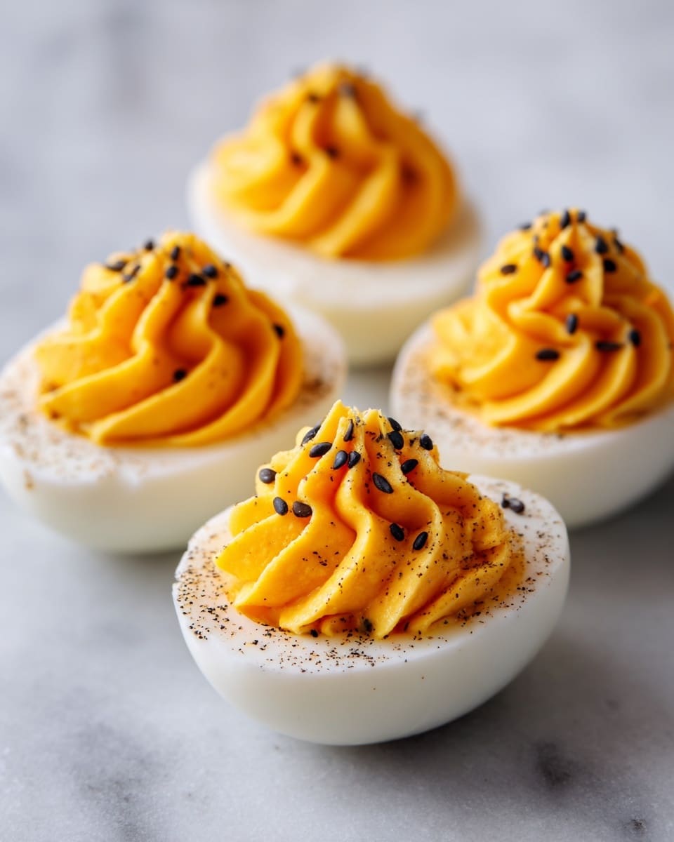 Four deviled eggs are placed on a white marbled surface, each cut in half with a smooth white egg white base. On top of each is a rich, creamy, bright orange yolk filling, piped in a swirled, textured pattern that looks soft and fluffy. The bright orange filling is sprinkled with small, matte black seeds, scattered unevenly on each swirl. The egg whites have delicate, dark black marbled lines and cracks near the filling, adding contrast to the white backdrop. The photo is close up, showing clear details and a soft focus on the edges. photo taken with an iphone --ar 4:5 --v 7