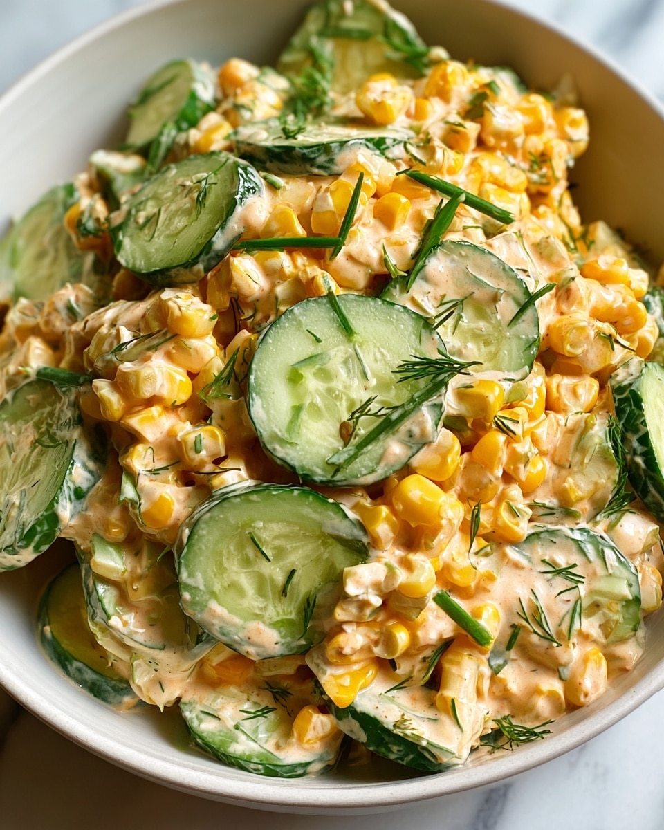 A close-up of a creamy salad in a white bowl, showing three main layers: bright yellow corn kernels, thick slices of fresh green cucumber with seeds visible, and a light orange creamy dressing mixed evenly throughout. Small pieces of chopped herbs add green flecks across the dish. The textures vary from crunchy cucumber and corn to smooth sauce, and the colors blend well with a fresh and creamy look. The photo is taken on a white marbled surface. Photo taken with an iphone --ar 4:5 --v 7