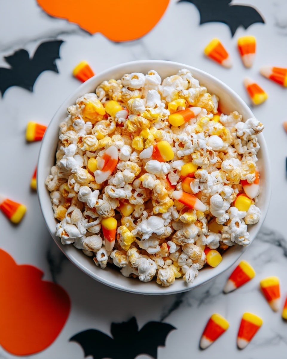 A white bowl filled with popcorn that has a mix of white, light brown, and yellow popcorn pieces, topped with scattered candy corn showing bright yellow, orange, and white layers. The bowl sits on a white marbled surface with Halloween-themed black cutouts and an orange pumpkin shape around it. Several pieces of candy corn are also spread outside the bowl on the surface, adding bright pops of color. photo taken with an iphone --ar 4:5 --v 7