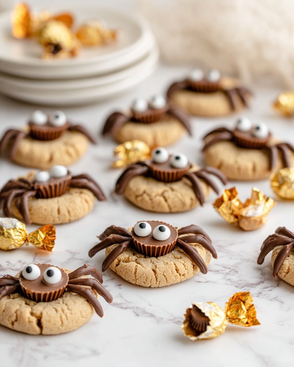 The image shows a group of peanut butter cookies decorated to look like spiders, placed on a white marbled surface. Each cookie has a light brown, cracked base as the first layer, topped with a small, dark brown peanut butter cup in the center. Around the peanut butter cup, eight thin lines of dark chocolate create spider legs, evenly spaced, with two candy eyes attached to the front of the peanut butter cup, giving each spider a playful face. Scattered peanut butter cups and wrapped candies in gold foil decorate the background. In the upper left corner, a stack of white plates is slightly visible. The overall look is whimsical and festive, with soft natural light and a shallow depth of field giving a warm, inviting feel. photo taken with an iphone --ar 4:5 --v 7