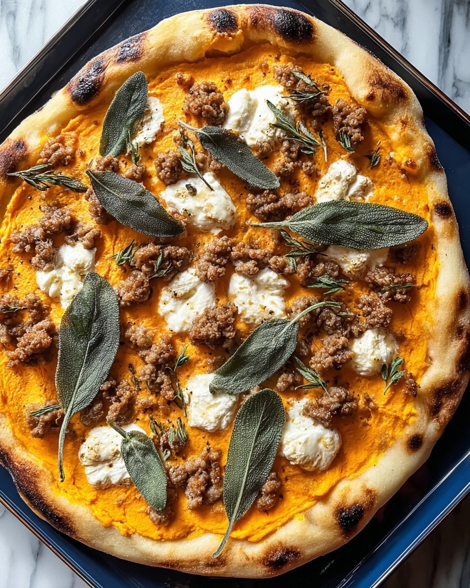 A round pizza with a thick golden-brown crust on the edges sits on a dark blue baking tray. The base layer is a smooth, bright orange sauce covering the dough evenly but not reaching the crust. Scattered on top are small, crumbly browned pieces of sausage and dollops of white creamy cheese with a slightly soft texture. Large green sage leaves with visible veins are spread across the pizza, adding a fresh contrast. The outer crust has some charred spots, giving it a rustic look. The baking tray rests on a white marbled surface. photo taken with an iphone --ar 4:5 --v 7
