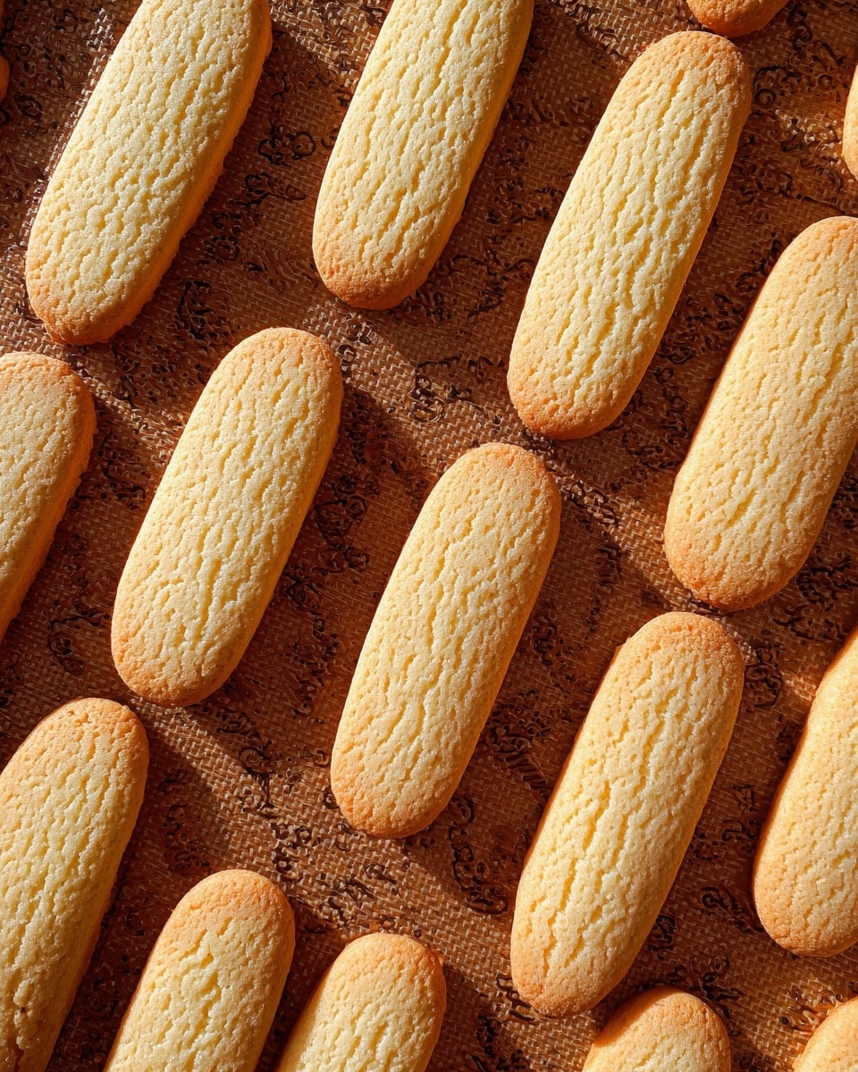 The image shows many light golden ladyfinger biscuits laid out side by side on a textured brown mat with circular patterns, each biscuit having a slightly rough and porous surface with small cracks. They are placed evenly across the whole frame, with soft natural lighting highlighting their bumpy, airy texture. The background is a white marbled texture. photo taken with an iphone --ar 4:5 --v 7