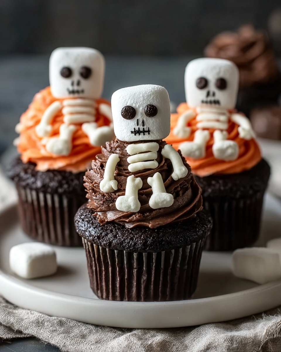 Three dark chocolate cupcakes each have two main layers: a bottom layer of rich dark chocolate cake and a top swirl of thick frosting—two cupcakes with dark brown chocolate frosting and one with bright orange frosting. Each cupcake is decorated with a white marshmallow shaped like a skull standing upright on top. The skeleton’s bones are made with white icing, arranged with ribs across the chest and small bones for arms resting on the frosting. The skull features chocolate dot eyes, a small triangular nose, and a mouth with short vertical lines. They sit on a round white plate with a textured cloth underneath, against a soft-focus white marbled texture background. Photo taken with an iphone --ar 4:5 --v 7