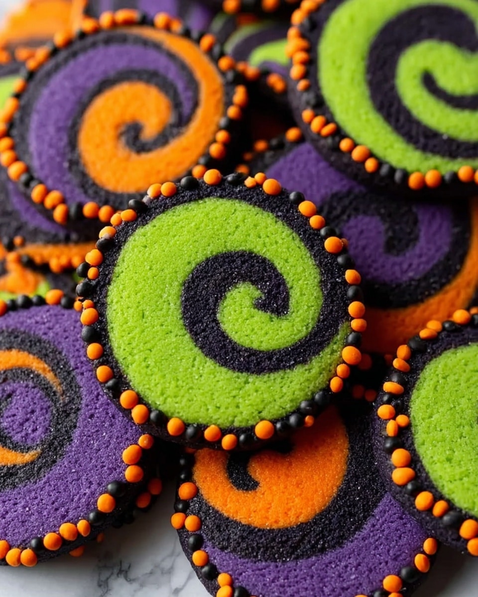 A pile of round cookies is shown, each with two thick layers swirled together. One type has a black base layer with a bright green spiral on top, and the other has a purple base layer with a bright orange spiral. Around the edge of each cookie, there are small black and orange round sprinkles creating a dotted border. The cookies look soft and slightly textured. They are placed on a white marbled surface, filling most of the frame with a close-up view. photo taken with an iphone --ar 4:5 --v 7