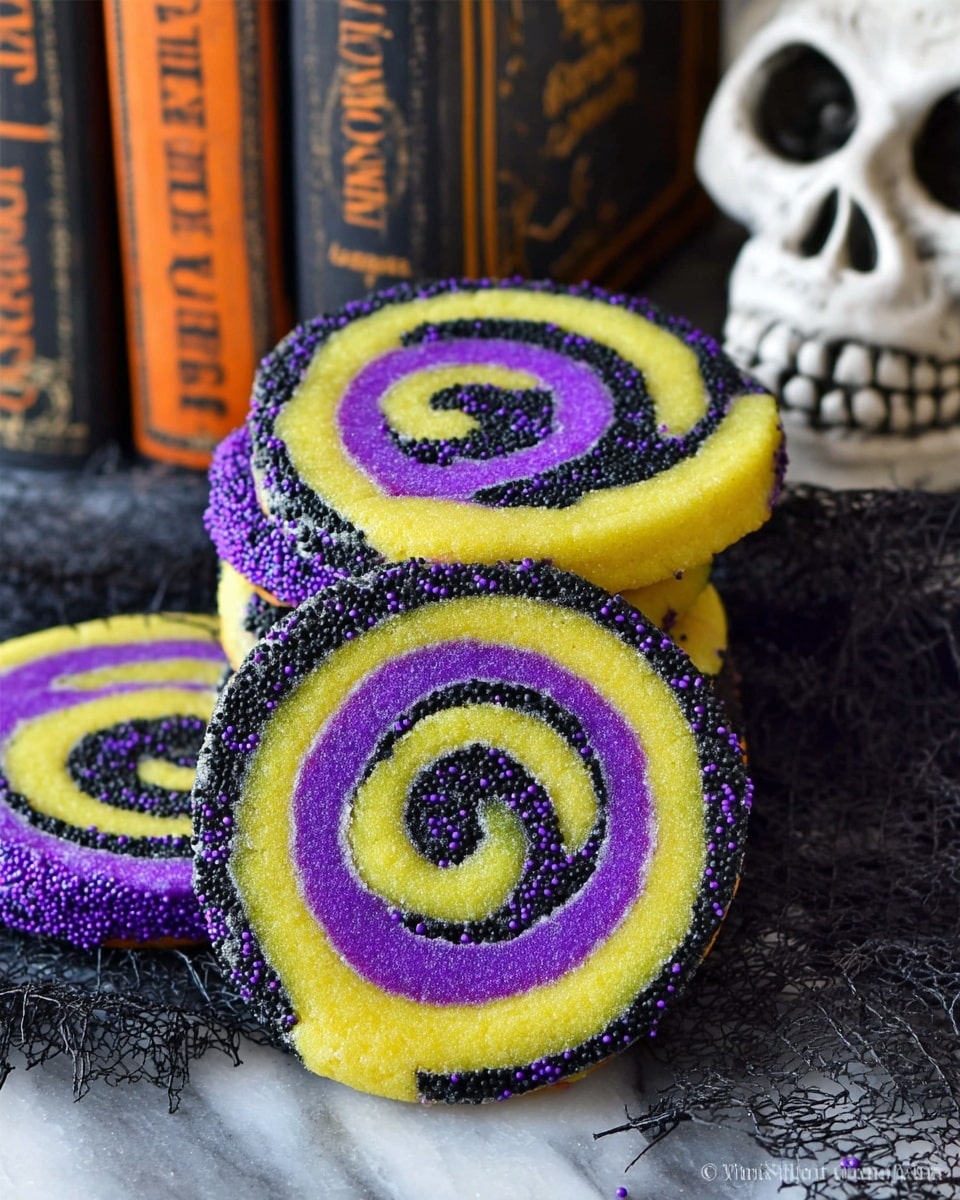 The image shows a set of spiral cookies stacked on a white marbled surface with a black textured cloth underneath. Each cookie has three colorful swirled layers: a bright yellow outer layer, followed by a dark black middle layer, then a vibrant purple inner layer, all creating a smooth swirl pattern. The outer edges of the cookies are coated with small black and purple sprinkles adding texture. In the background, there are two black books with orange and yellow text and a white skull decoration placed on the right side. Photo taken with an iphone --ar 4:5 --v 7