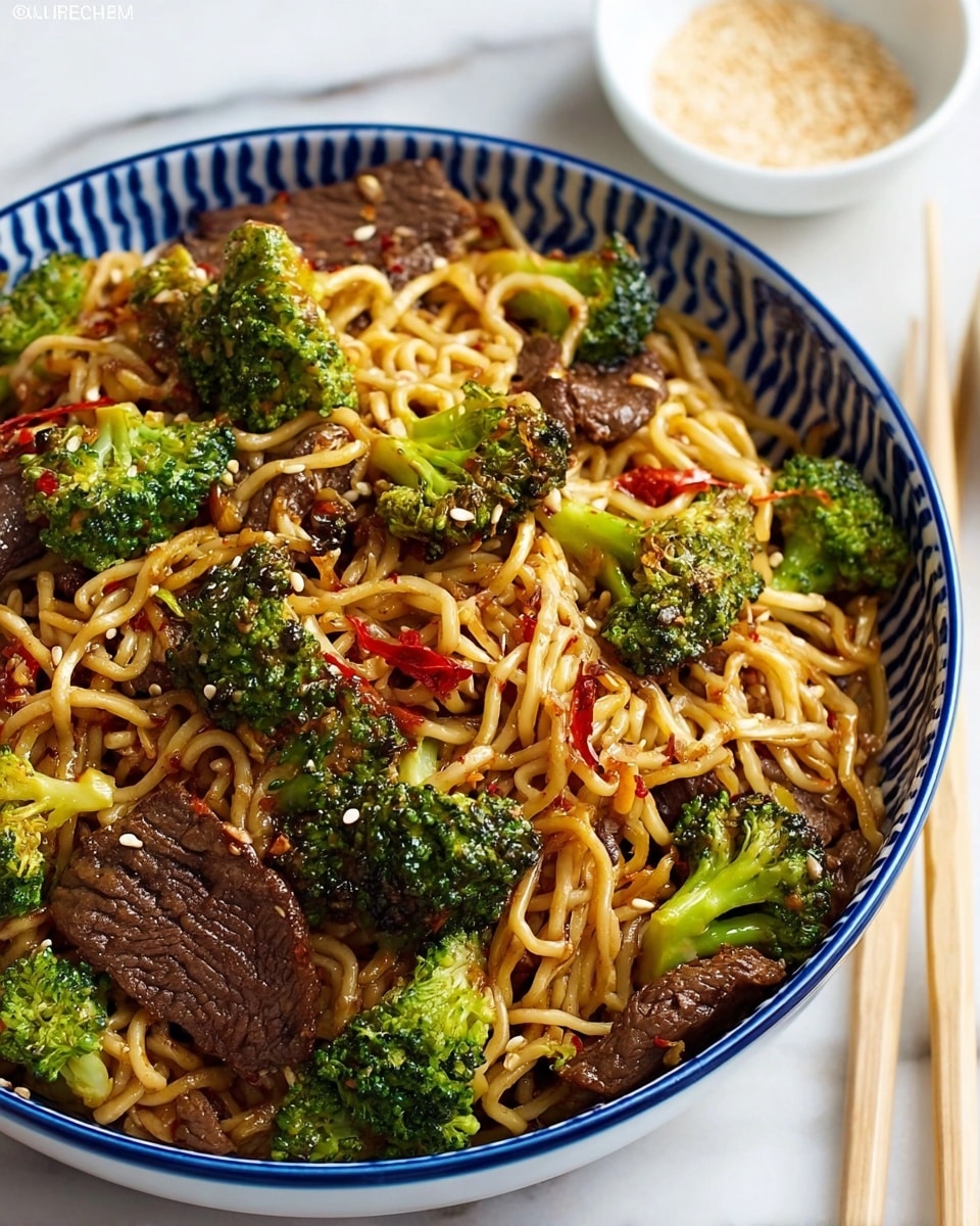 A close-up of a deep white bowl with a blue zigzag pattern on the inside edges, filled with stir-fried noodles mixed with pieces of dark brown cooked beef and bright green broccoli florets. The noodles are light brown, coated with sauce, and scattered throughout with small white sesame seeds and red chili flakes. The bowl is placed on a white marbled surface with a small white bowl of sesame seeds visible in the background, and two light wood chopsticks rest on the surface near the bowl. Photo taken with an iphone --ar 4:5 --v 7