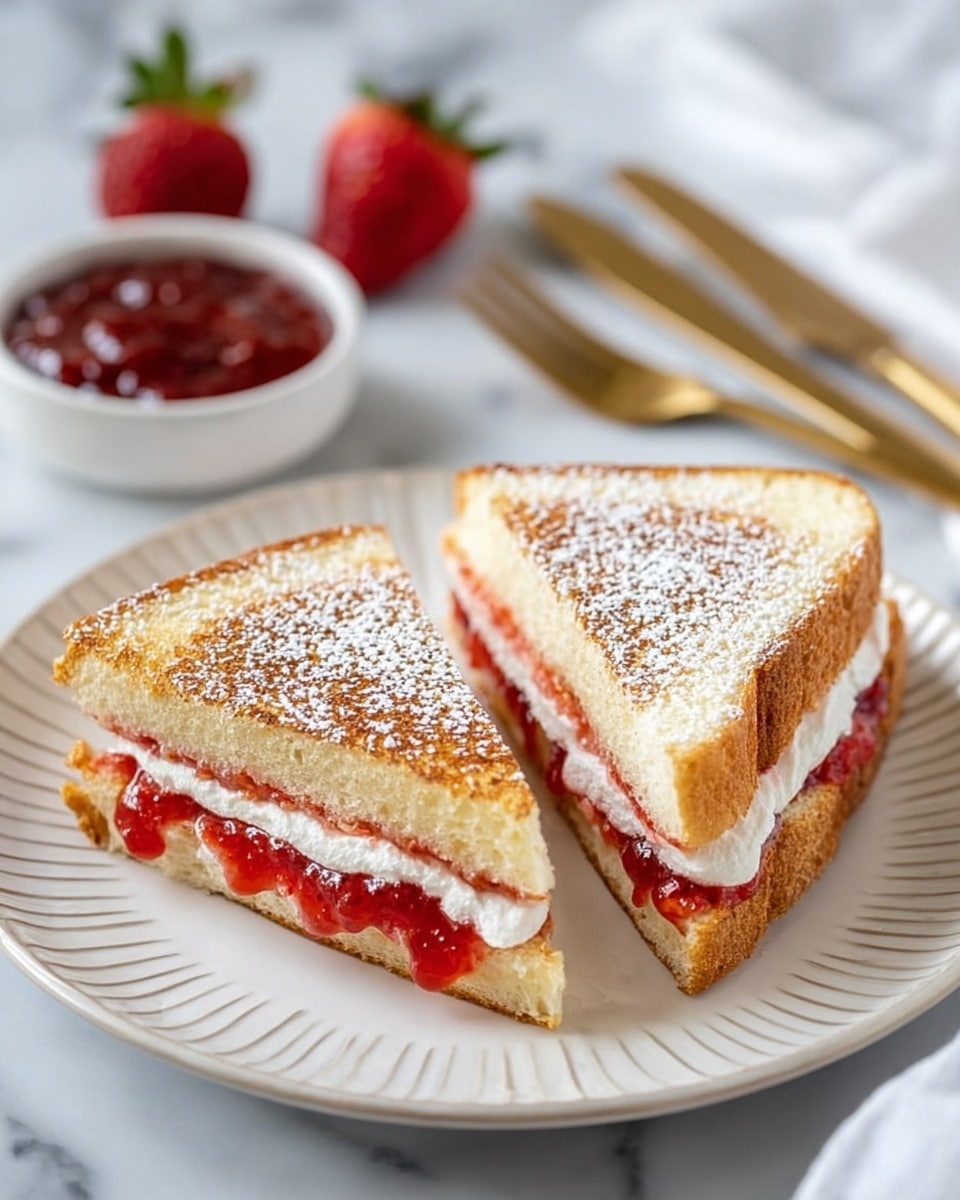 Two triangular halves of a sandwich sit side by side on a white plate with a subtle striped rim. Each sandwich half has three visible layers: the top and bottom layers are golden-brown toasted bread, the middle inside layer is white creamy spread, and just below it is a red, glossy strawberry jam layer that slightly oozes out. The sandwich top is sprinkled with a light dusting of powdered sugar, which is also scattered around the plate. In the background, two fresh strawberries lie on a white cloth, and behind the plate is a white bowl filled with more red jam. The scene is set on a white marbled surface with a soft focus, and a blurred gold fork and knife lie beside the plate. Photo taken with an iphone --ar 4:5 --v 7