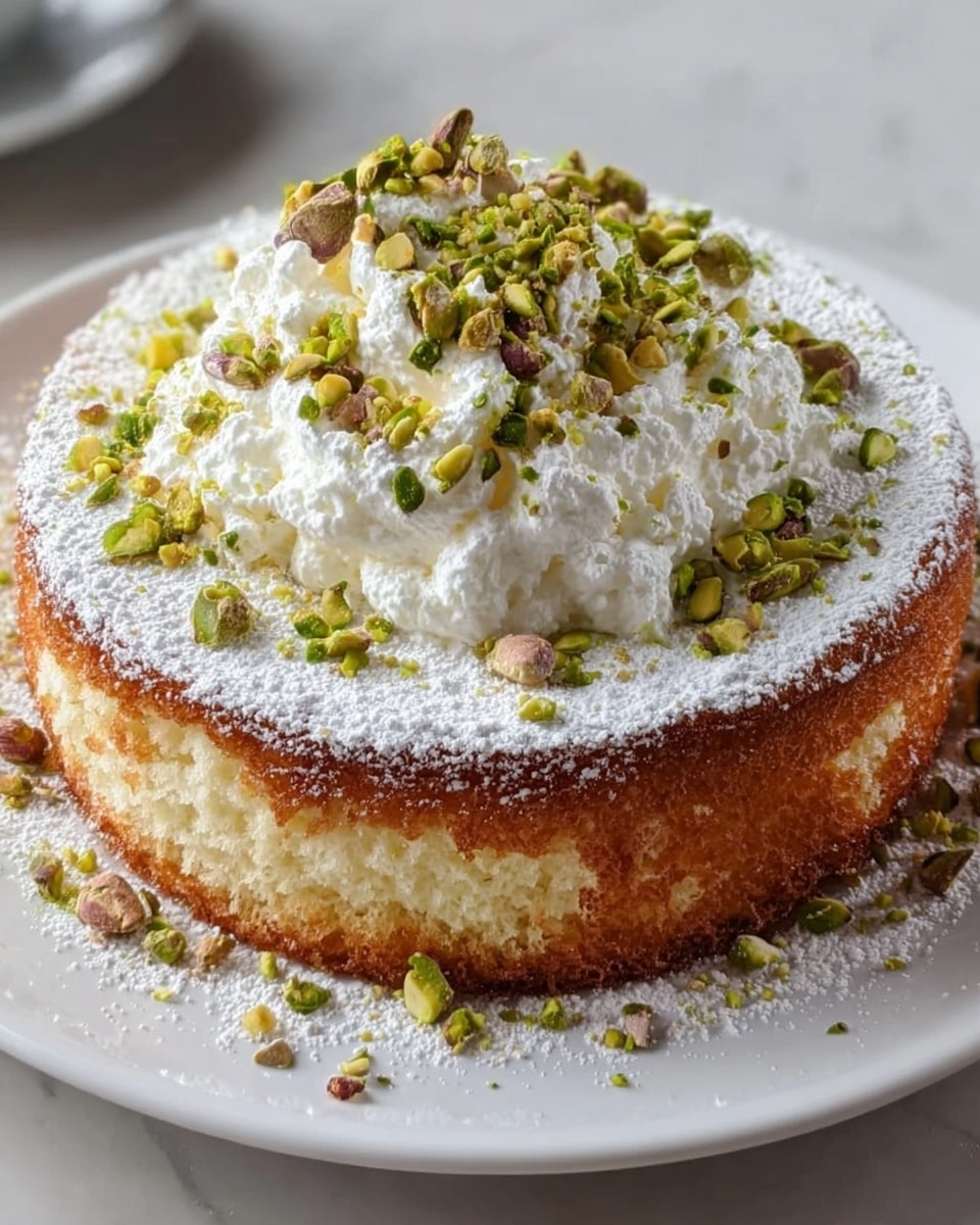 The image shows a single-layer round cake with a light golden brown crust at the bottom and fluffy white sponge cake on top, covered thickly with powdered sugar. On the top center of the cake, there is a generous mound of white whipped cream crowned with finely chopped green pistachios and some whole pistachios scattered around, adding texture and color contrast. The cake sits on a simple white plate, placed on a white marbled surface. The entire presentation has a fresh and inviting look. photo taken with an iphone --ar 4:5 --v 7