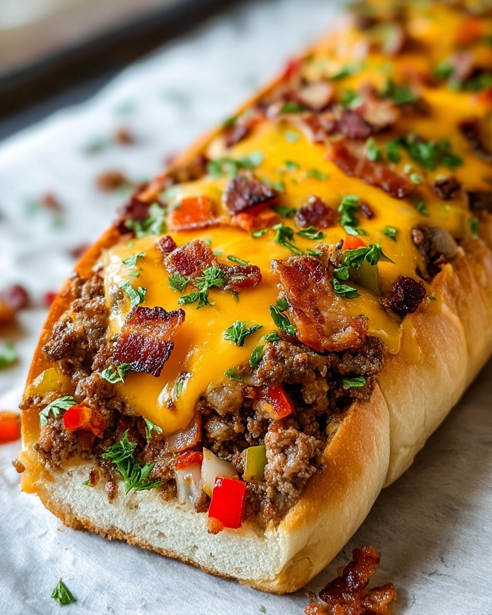 The image shows a long sandwich cut in half, revealing three layers inside. The bottom layer is soft white bread with a light golden crust. The middle layer is a thick mix of cooked brown ground meat with bits of green peppers and seasoning. The top layer is melted yellow cheese stretching over the meat and bread, with crispy small pieces of red bacon scattered on top, and fresh green herbs sprinkled all over. The sandwich rests on white parchment paper on a baking tray, all set on a white marbled surface. photo taken with an iphone --ar 4:5 --v 7