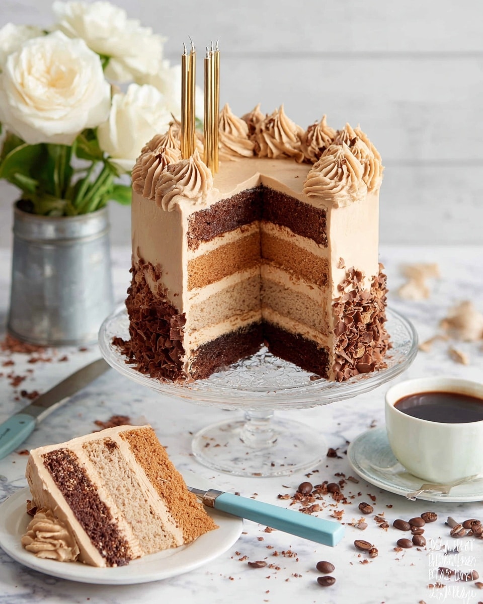 The image shows two slices of a three-layer cake on white plates, each layer with a different shade of brown from light to dark, separated by smooth, light brown frosting. The top and sides of the cake have a thick layer of the same frosting with a slightly wavy texture. One slice is on a plate with a blue-handled spoon resting beside it, and coffee beans are scattered nearby. White roses with green stems are placed around the plates, all set on a white marbled surface, giving a fresh and elegant look. Near the bottom right, there is a white bowl filled with dark brown coffee beans. Photo taken with an iphone --ar 4:5 --v 7