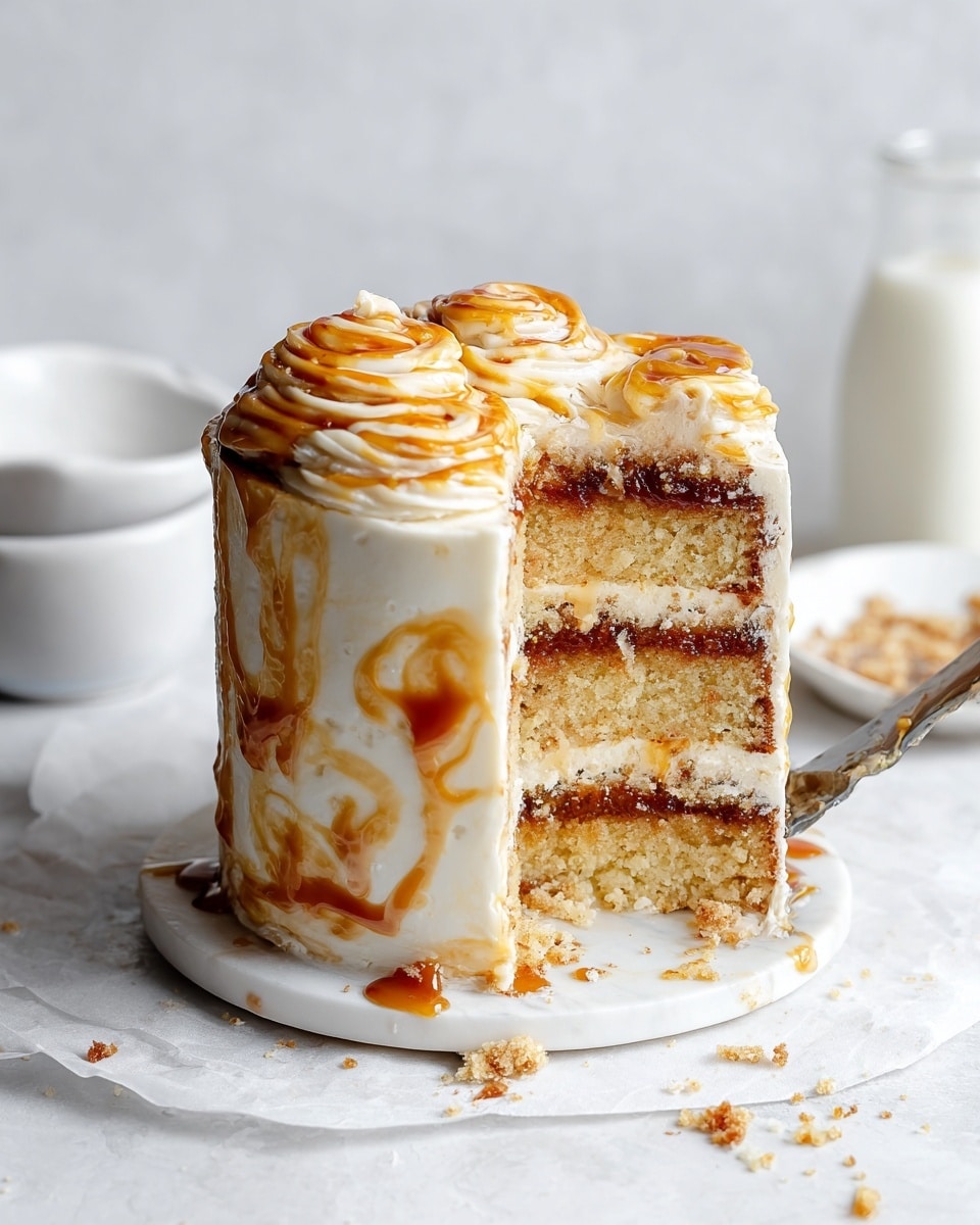 The image shows a tall, three-layer cake with a light yellow inside and white frosting on the outside. The cake is decorated with caramel swirls on the top and sides, giving it a marbled look. Between the cake layers, there is a layer of thick caramel or brown filling. A slice of cake is being lifted, revealing the soft cake texture and layers clearly. The cake sits on a white marbled surface with some crumbs scattered around. In the background, some white bowls and a glass bottle of milk are slightly visible. Photo taken with an iphone --ar 4:5 --v 7