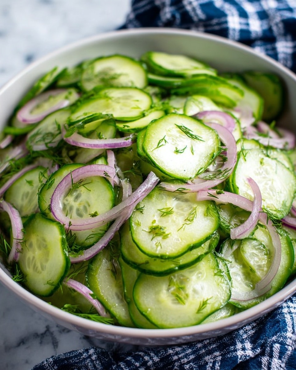 A close-up view of a white bowl filled with a fresh cucumber salad showing thin slices of green cucumbers layered evenly on the bottom and piled up with overlapping slices on top, mixed with thin strips of light purple-red onion scattered throughout, and small bits of green dill sprinkled over the salad, all resting on a soft white marbled texture, a blue and white checked cloth partially visible in the upper right corner photo taken with an iphone --ar 4:5 --v 7