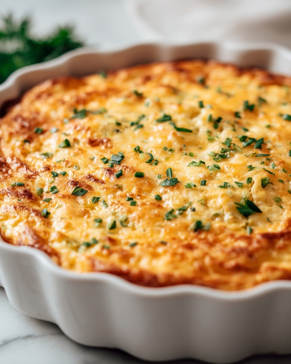 A close-up view of a baked casserole in a white scalloped edge round dish, showing a golden-brown top layer of melted cheese with an uneven, slightly crispy texture, garnished with small pieces of chopped green herbs scattered evenly across the surface. The dish sits on a white marbled surface with soft natural lighting highlighting its warm colors and fresh look. Photo taken with an iphone --ar 4:5 --v 7