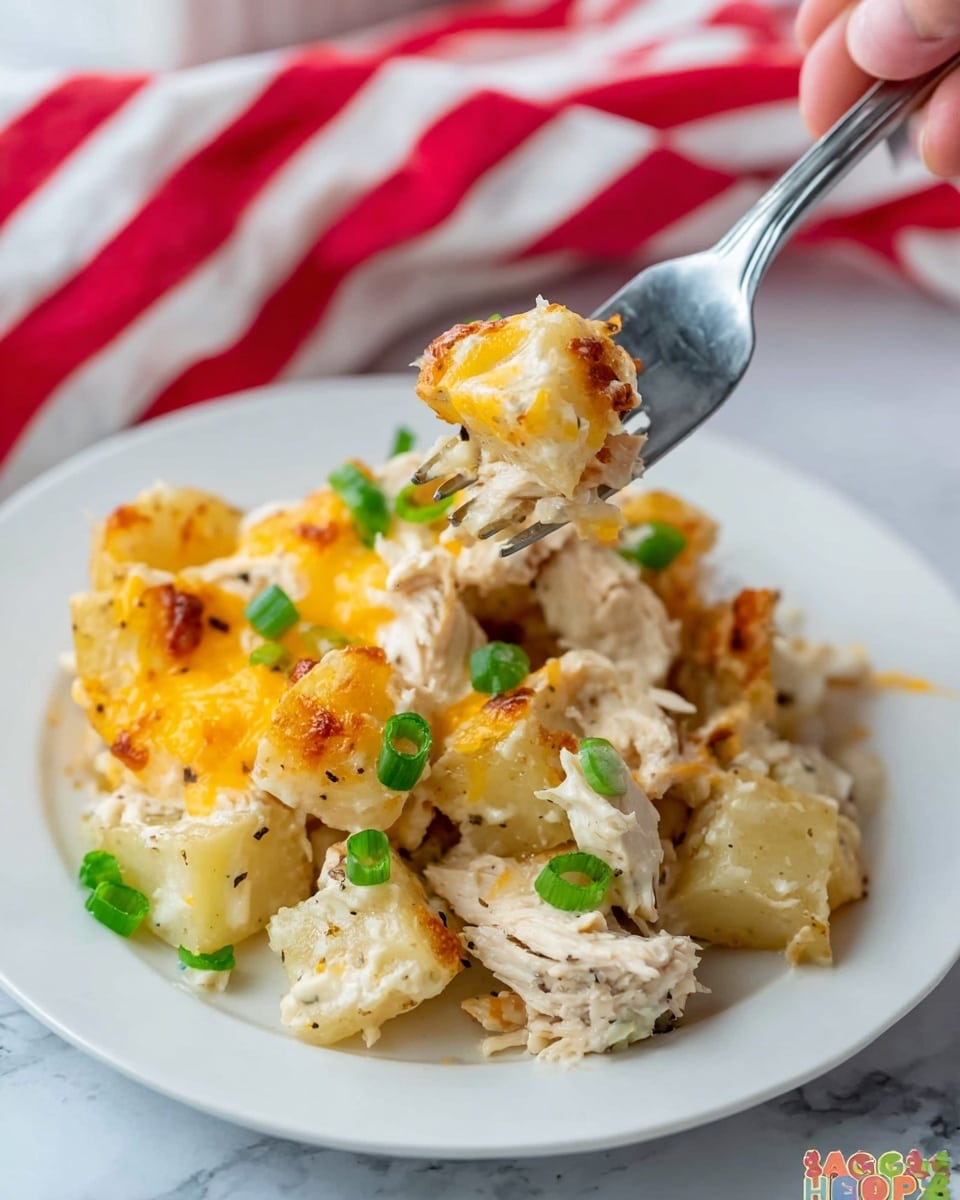 A white casserole dish filled with a layered baked dish starting from the bottom with light beige, slightly browned tortilla chips partially visible along the edges, topped with a creamy white sauce-covered layer of small, pale chicken chunks speckled with herbs, covered by melted yellow and white shredded cheese. On top, scattered crunchy brown bacon bits add texture, and chopped bright green onion rounds are sprinkled evenly all over, creating a colorful contrast against the melted cheese and sauce. The dish sits on a white marbled surface with a red and white striped cloth nearby. photo taken with an iphone --ar 4:5 --v 7