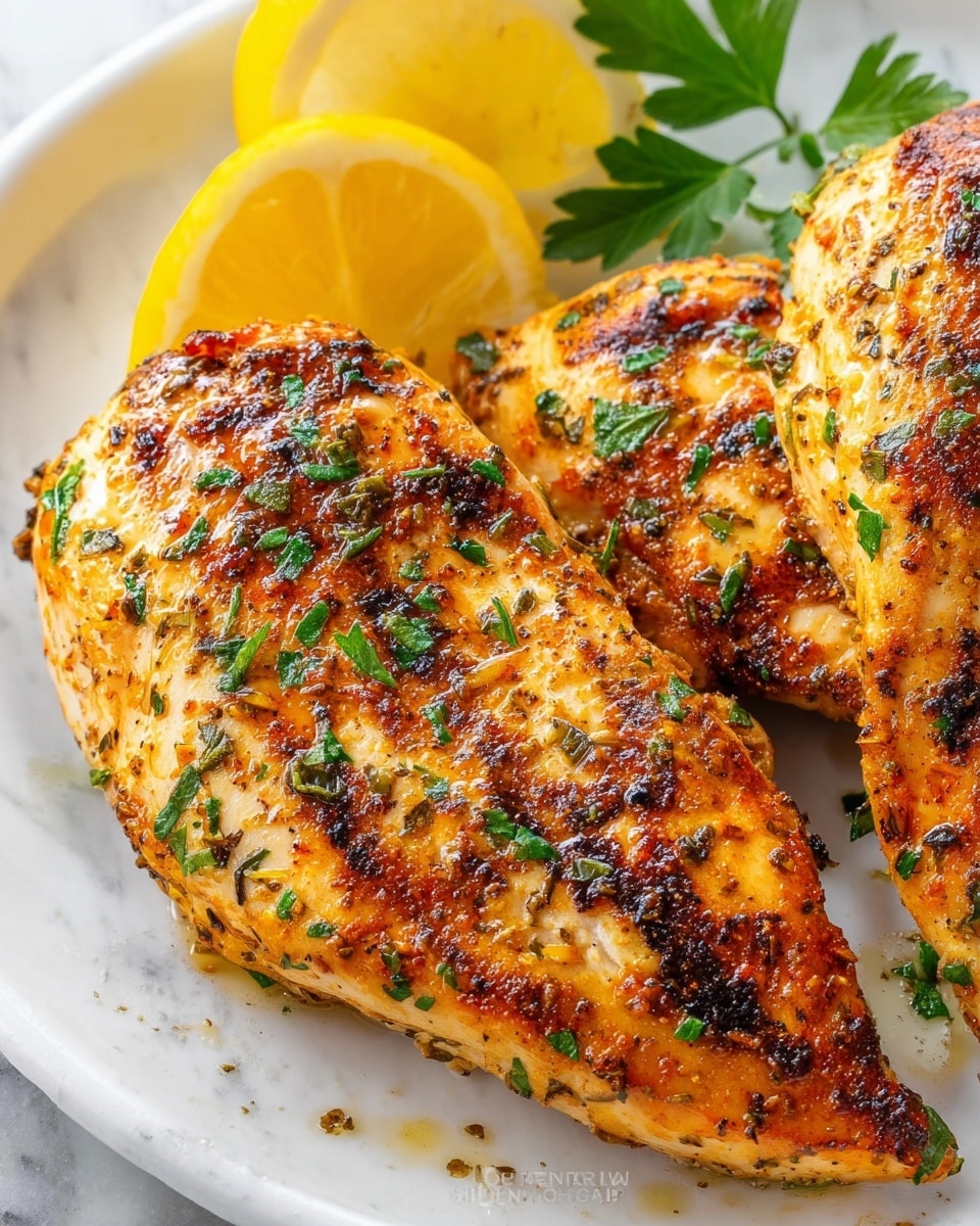 The image shows two golden-brown grilled chicken breasts on a white plate, each chicken breast with a slightly charred texture and sprinkled with green chopped herbs. A bright yellow lemon slice is placed on the top left corner of the plate, accompanied by a small green parsley leaf resting on the lemon. The chicken looks juicy with visible seasoning including black pepper and small bits of herbs, resting on a white marbled surface. photo taken with an iphone --ar 4:5 --v 7