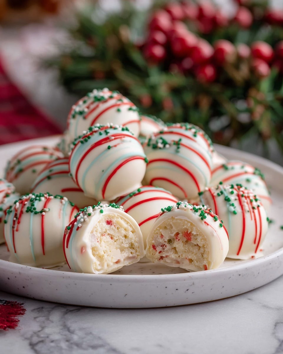 A white round plate filled with white chocolate-covered round truffles decorated with thin red stripes and green sprinkles evenly spread on top; one truffle in the front is cut in half, showing a soft beige inside with small red and green bits. The plate is set on a white marbled surface, with a blurred background containing a festive wreath with red berries. Photo taken with an iphone --ar 4:5 --v 7