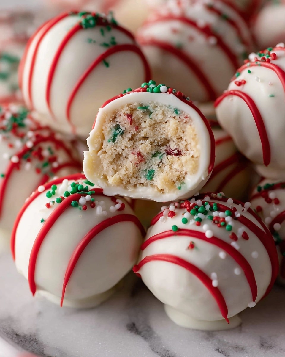 The image shows round cake balls covered in smooth white icing, each decorated with thin diagonal red stripes and small green sprinkles on top. One cake ball is cut in half, revealing a crumbly inside mixed with small pieces of red, green, and white bits, giving it a festive look. The cake balls are placed closely together on a surface with a white marbled texture. Photo taken with an iphone --ar 4:5 --v 7