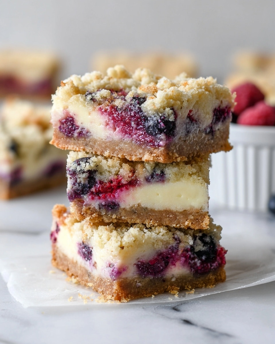 A stack of four square dessert bars is shown on a piece of parchment paper on a white marbled surface. Each bar has three clear layers: the bottom layer is a light brown, crumbly crust; the middle layer is creamy white with visible whole blueberries and red raspberries mixed in; the top layer is a golden crumbly streusel with a slightly rough texture. The berries are scattered unevenly through the creamy layer, adding pops of purple and red colors. In the background, there are blurred white ramekins and other bars. photo taken with an iphone --ar 4:5 --v 7