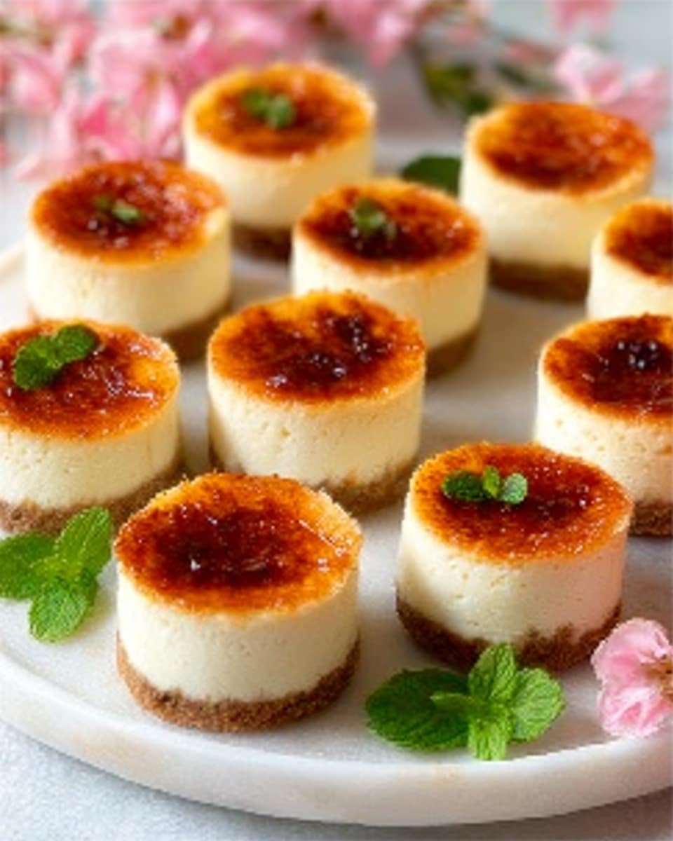 The image shows a white round plate on a white marbled surface, filled with nine small cheesecake bites arranged close together. Each cheesecake bite has three clear layers: the bottom layer is a crumbly brown crust, the middle layer is a smooth, creamy white cheese, and the top layer is a thin, caramelized golden brown sugar crust that looks slightly crispy. A few bright green mint leaves are placed around the plate, adding a touch of color. Soft pink flowers are partially visible on the side, giving a gentle and fresh atmosphere. Photo taken with an iphone --ar 4:5 --v 7