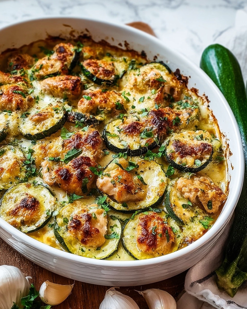 The image shows a white oval dish filled with baked chicken thighs covered in a crispy, golden-brown crust with a reddish tint of spices on top. Around and underneath the chicken are several slices of cooked green zucchini, softened and slightly browned. The dish is garnished with small chopped green herbs scattered across the chicken and zucchini. To the left of this dish, there is a white bowl filled with fluffy white rice. The entire setup is placed on a white marbled surface with some green herb sprigs in the background. Photo taken with an iphone --ar 4:5 --v 7