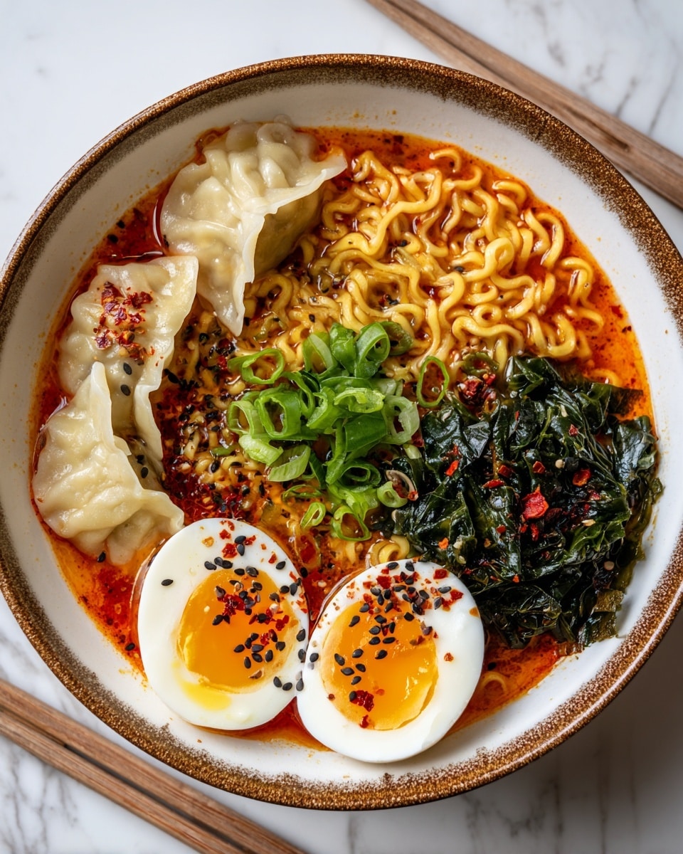 A white bowl with a brown rim filled with four pale, glossy dumplings arranged on the left side, soft yellow cooked noodles in the middle, dark green cooked leafy vegetables on the top right, and two halves of a soft-boiled egg with bright orange yolks and white edges placed on the bottom right. The broth is clear with a reddish tint and chili flakes floating on the surface. The dish is topped with chopped green onions and black sesame seeds scattered over the noodles and eggs. A pair of wooden chopsticks rests near the bowl on a white marbled surface. photo taken with an iphone --ar 4:5 --v 7