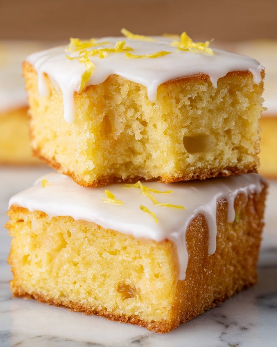 Two soft, light yellow cake squares are stacked on top of each other on a white marbled surface. Each cake piece has a smooth, thick white icing layer on top that drips slightly over the edges. Tiny small yellow bits are scattered on the icing, adding texture. The top cake square has a bite taken out of it, showing a moist and fluffy interior. The bottom square reveals a small piece of fruit inside near the edge. photo taken with an iphone --ar 4:5 --v 7