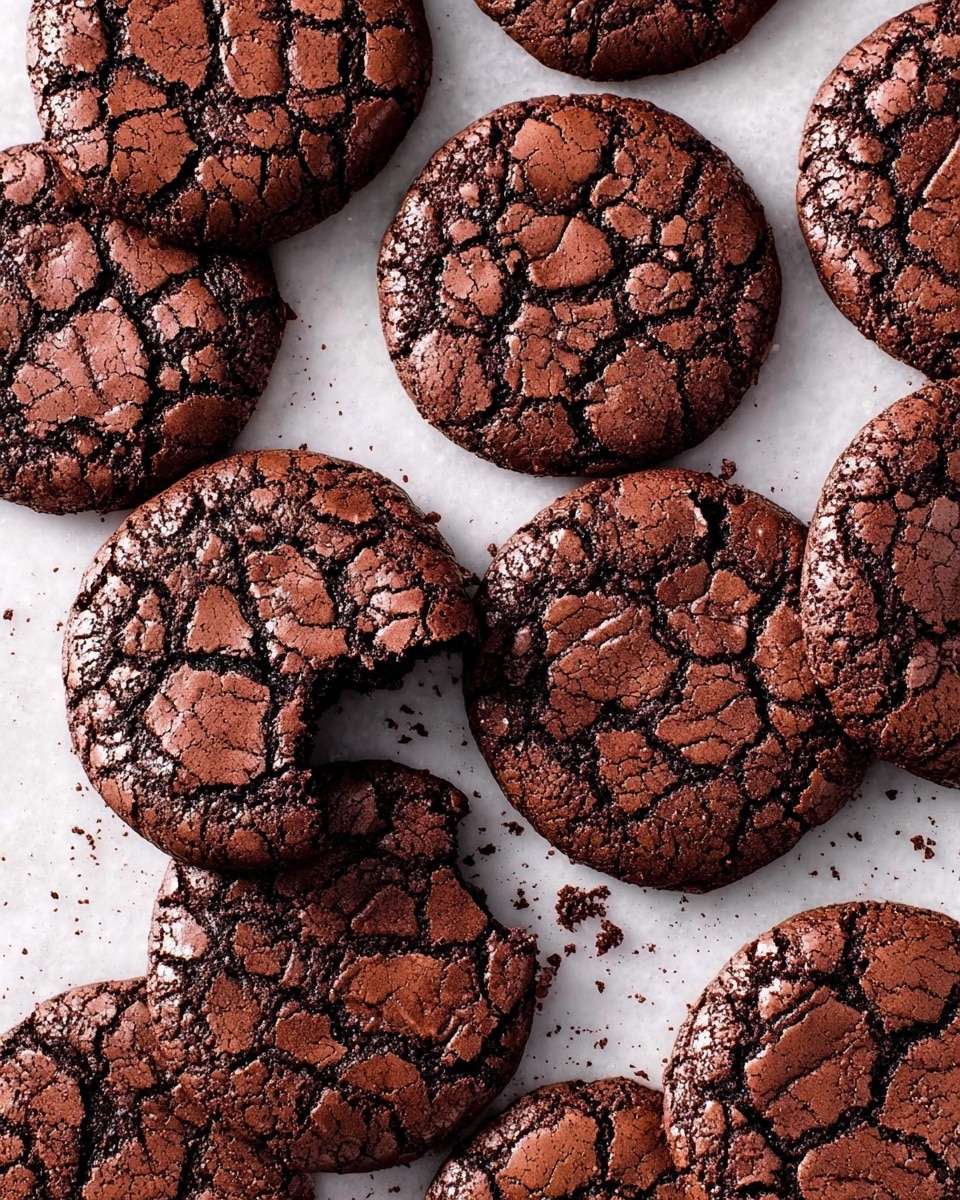 The image shows many round chocolate cookies with a cracked, shiny surface, creating a textured look. The cookies are deep brown with darker lines forming a webbed pattern on top. One cookie has a bite taken out of it, revealing a rich, moist interior. They are spread out flat on a white marbled surface, some slightly overlapping each other, with fine crumbs scattered around them. Photo taken with an iphone --ar 4:5 --v 7